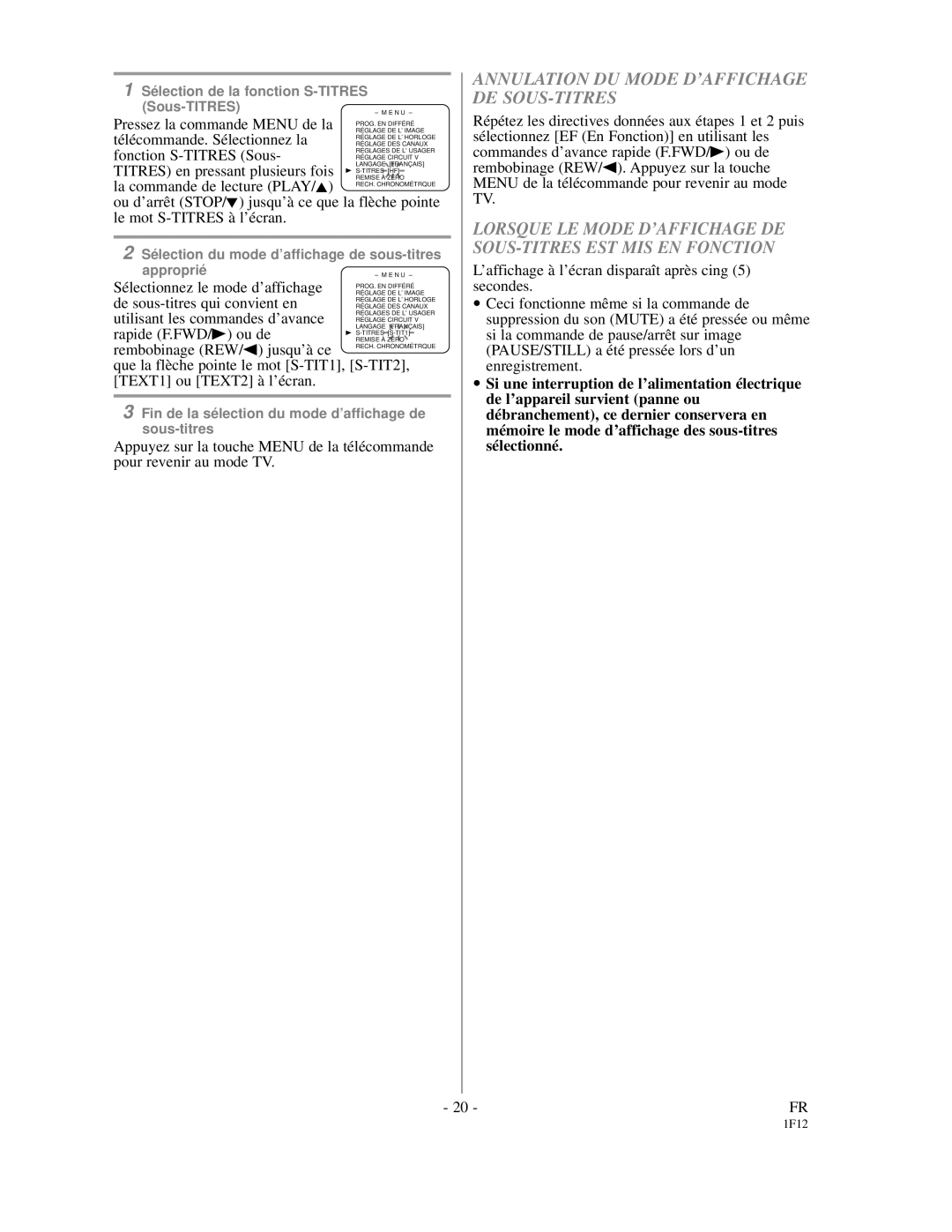 Emerson EC313D owner manual Annulation DU Mode D’AFFICHAGE DE SOUS-TITRES 