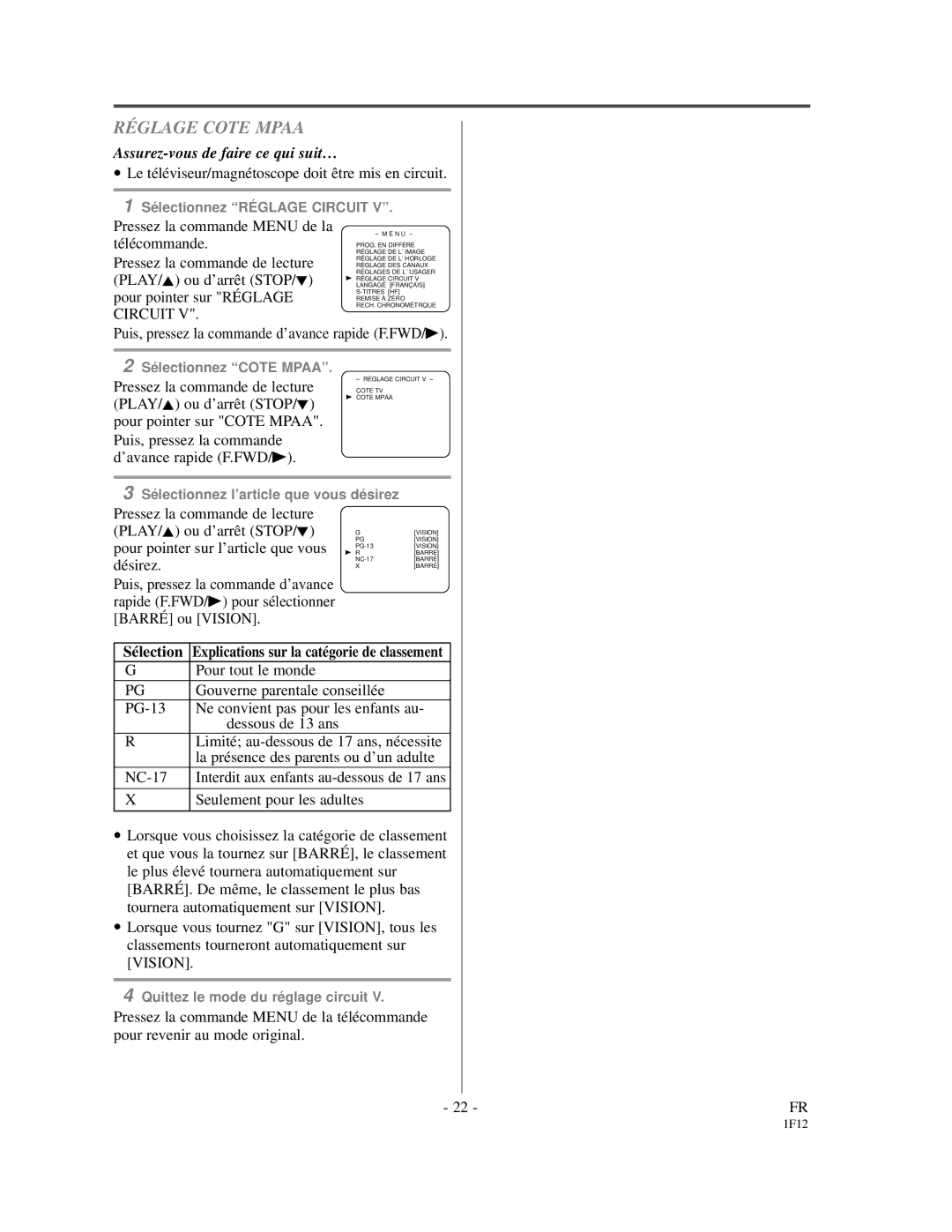 Emerson EC313D owner manual Réglage Cote Mpaa 