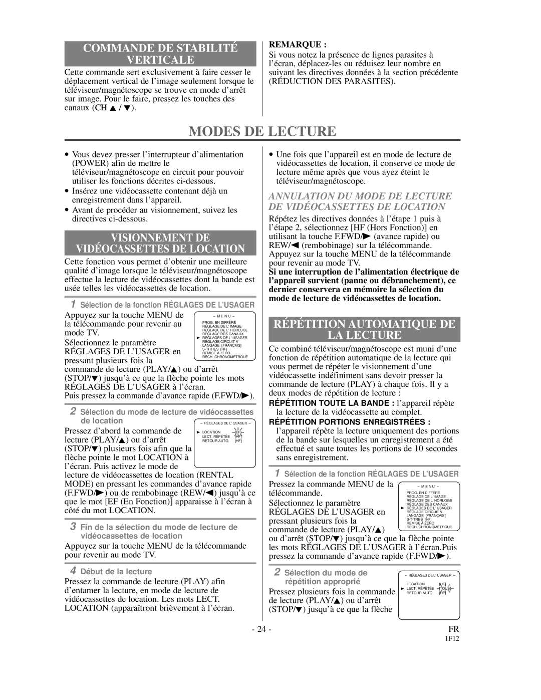 Emerson EC313D owner manual Modes DE Lecture, Commande DE Stabilité Verticale, Visionnement DE Vidé Ocassettes DE Location 