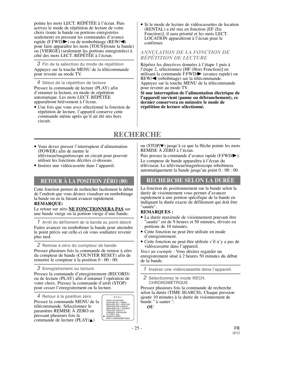 Emerson EC313D owner manual Recherche Selon LA Duré E, Annulation DE LA Fonction DE Répétition DE Lecture, Remise À 