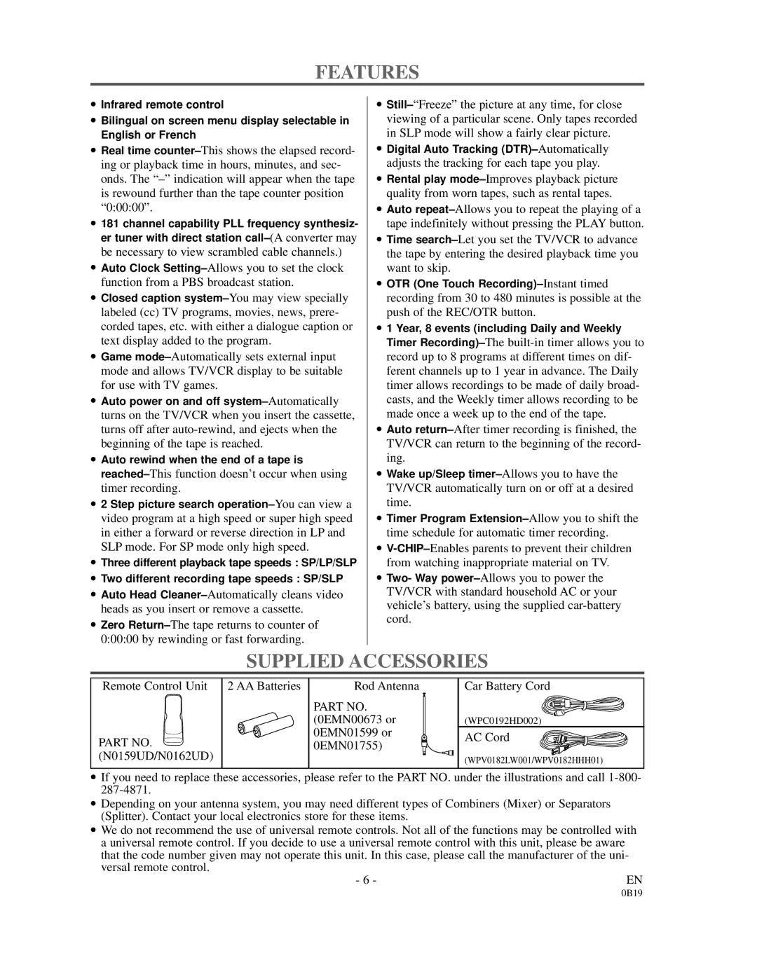 Emerson EC313D owner manual Features, Supplied Accessories 