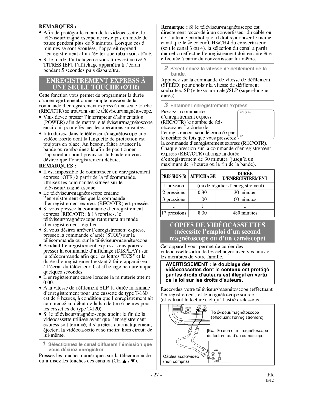 Emerson EC313D owner manual Enregistrement Express À UNE Seule Touche OTR, Duré E 