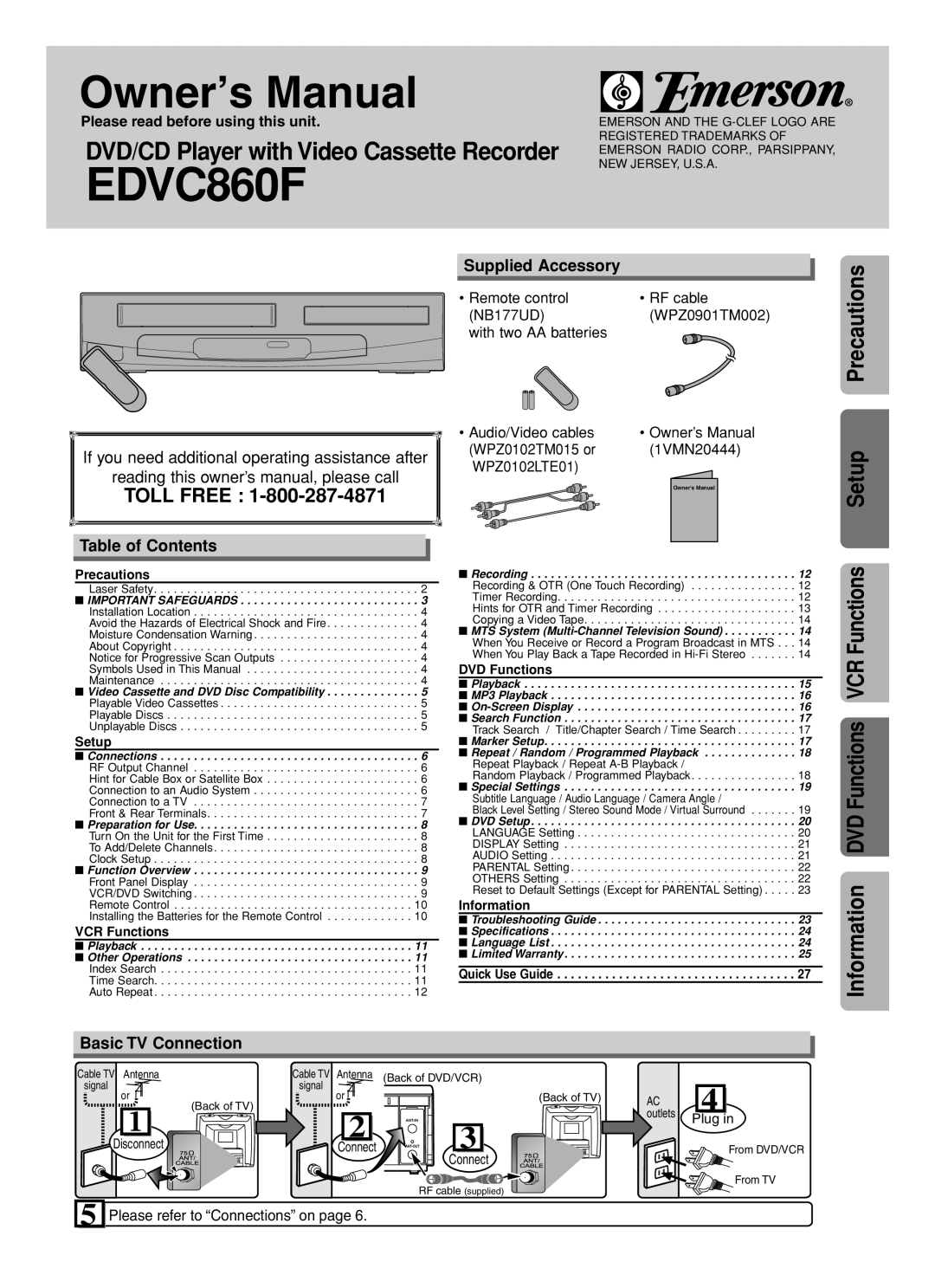 Emerson EDVC860F owner manual Supplied Accessory, Table of Contents, Basic TV Connection 