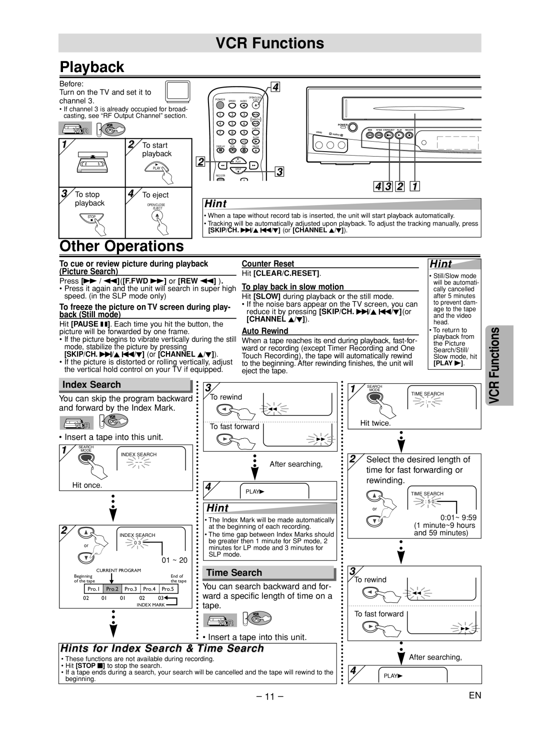 Emerson EDVC860F owner manual Playback VCR Functions, Other Operations, Hints for Index Search & Time Search 