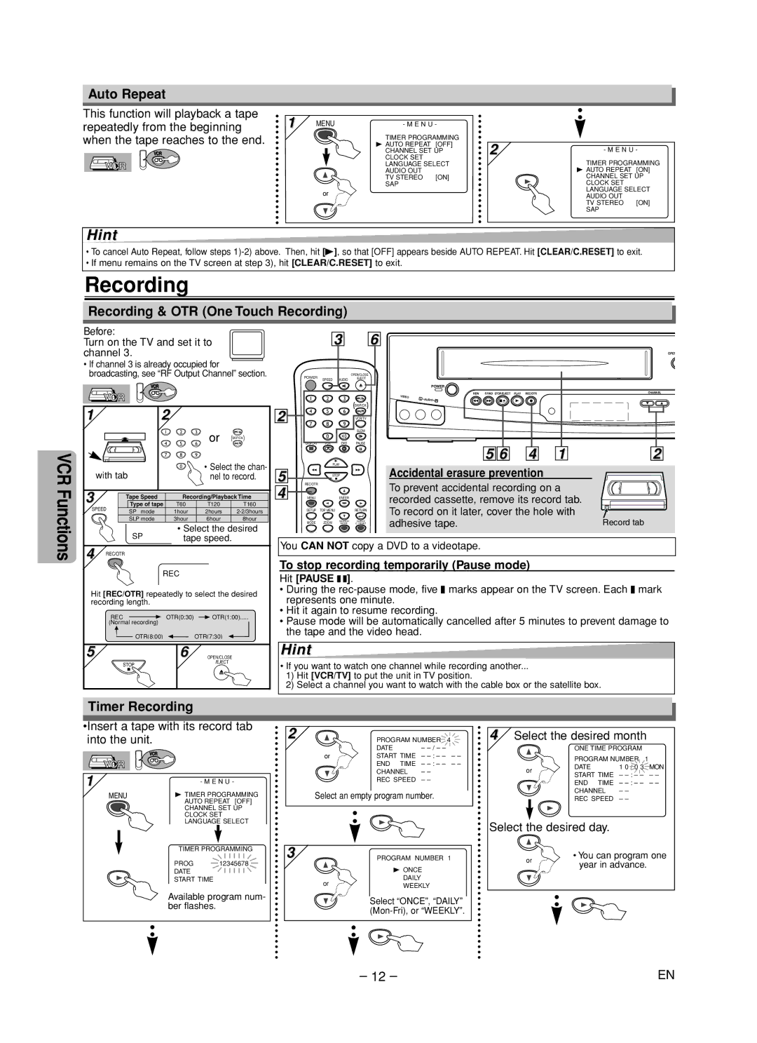 Emerson EDVC860F owner manual Auto Repeat, Recording & OTR One Touch Recording, Timer Recording 