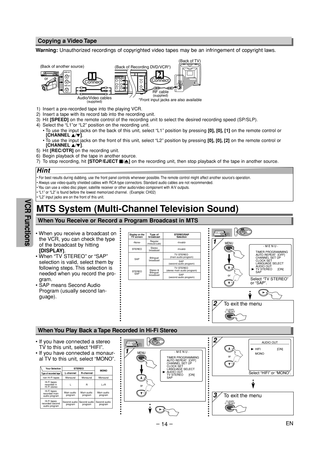 Emerson EDVC860F owner manual MTS System Multi-Channel Television Sound, Copying a Video Tape 