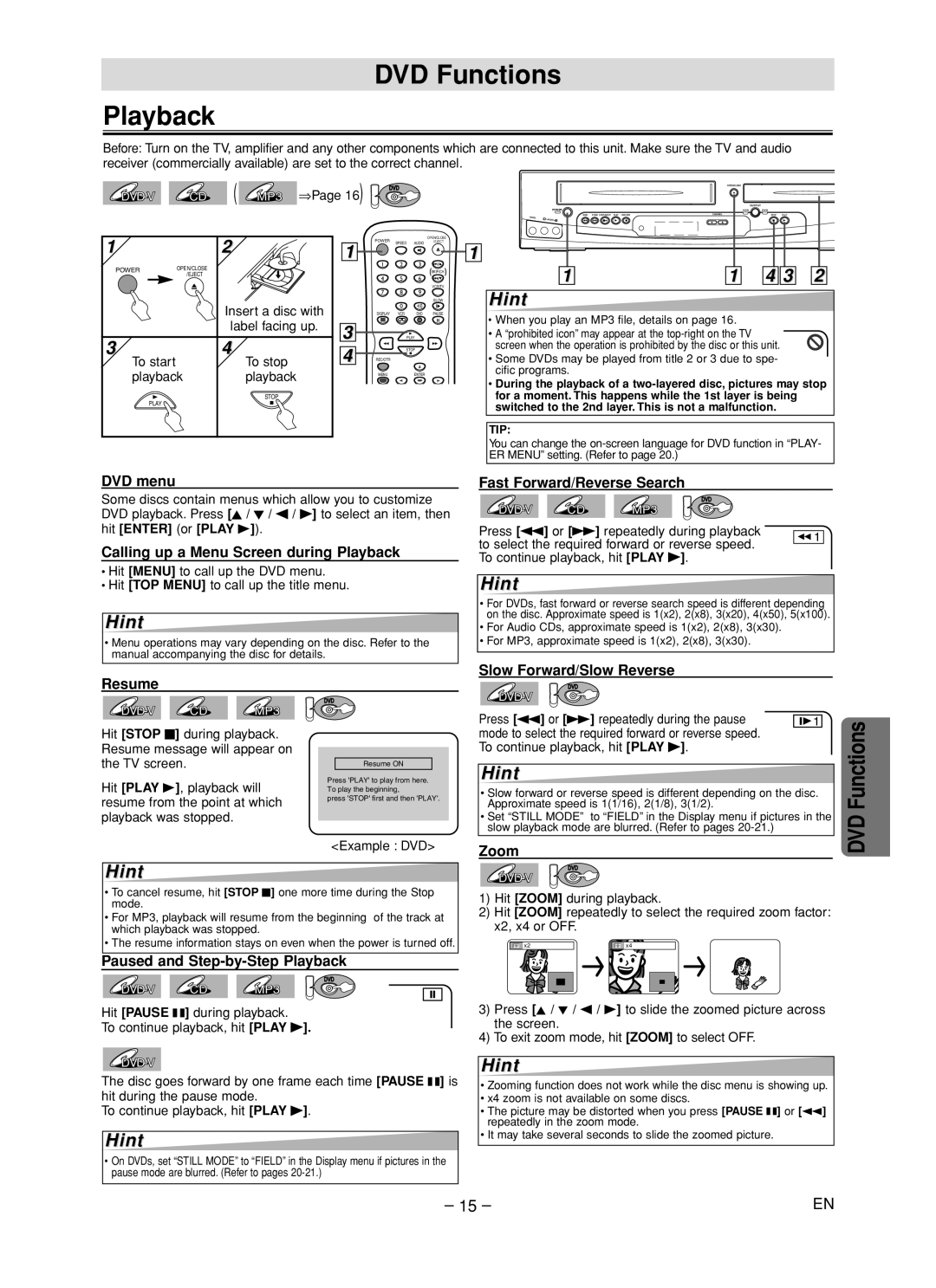 Emerson EDVC860F owner manual DVD Functions Playback 