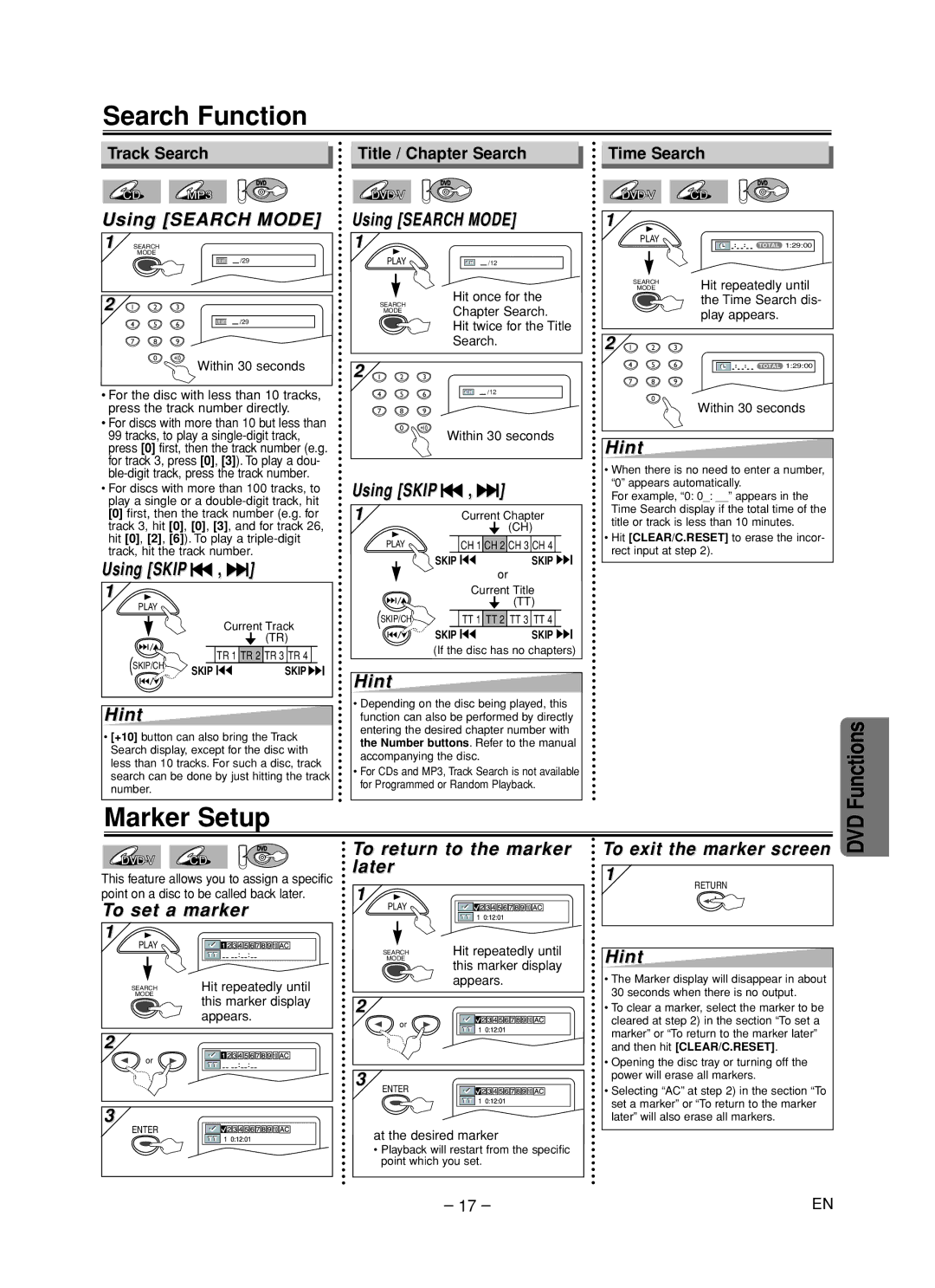 Emerson EDVC860F owner manual Search Function, Marker Setup 