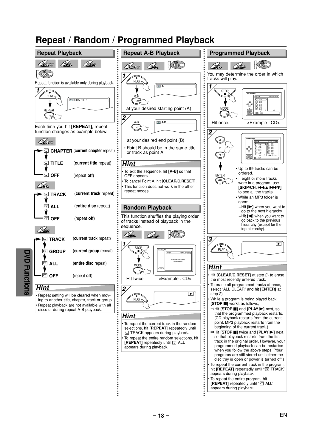 Emerson EDVC860F Repeat / Random / Programmed Playback, Repeat Playback Repeat A-B Playback, Random Playback, Repeat off 