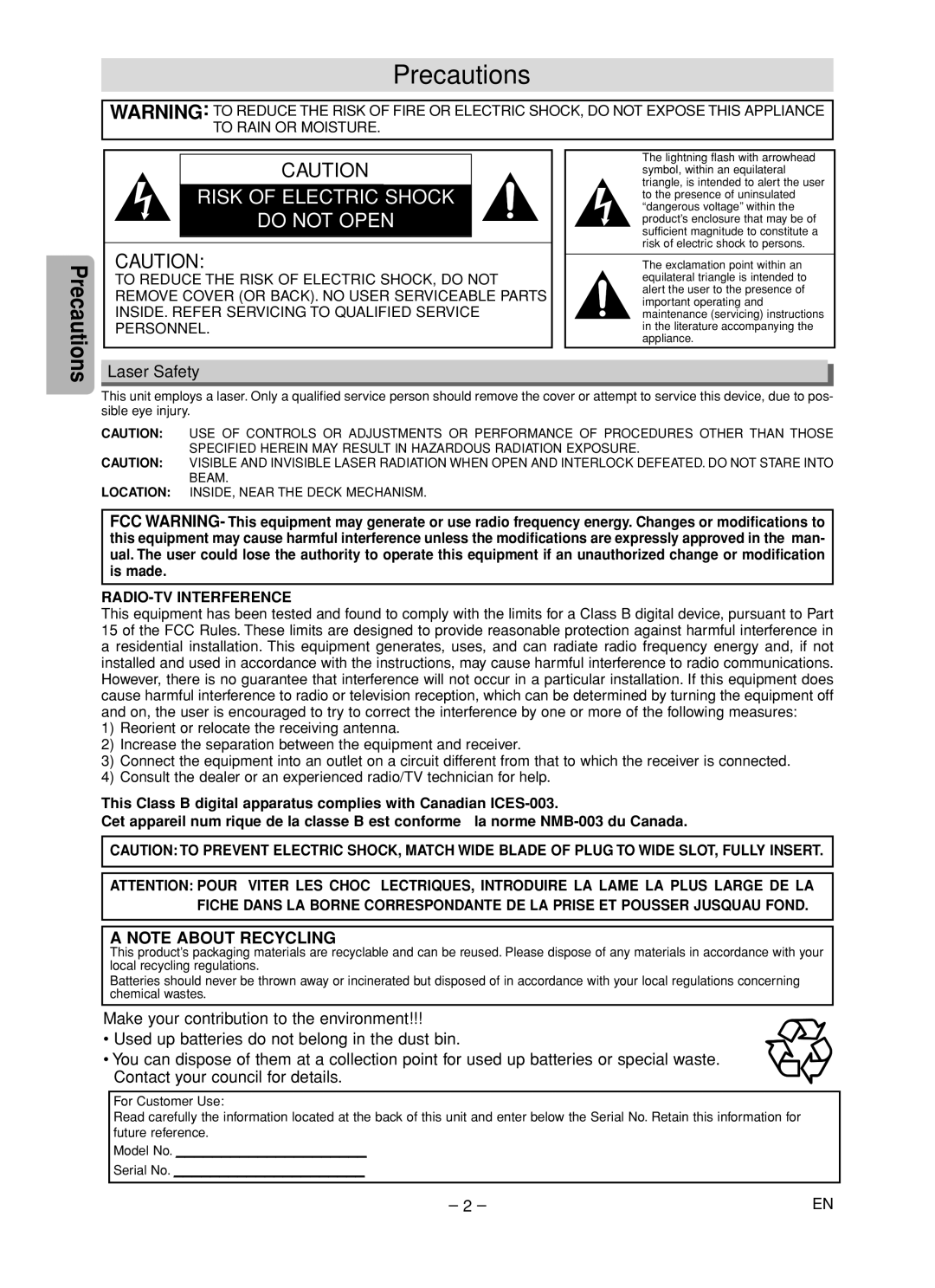 Emerson EDVC860F owner manual Precautions, Laser Safety, Make your contribution to the environment 