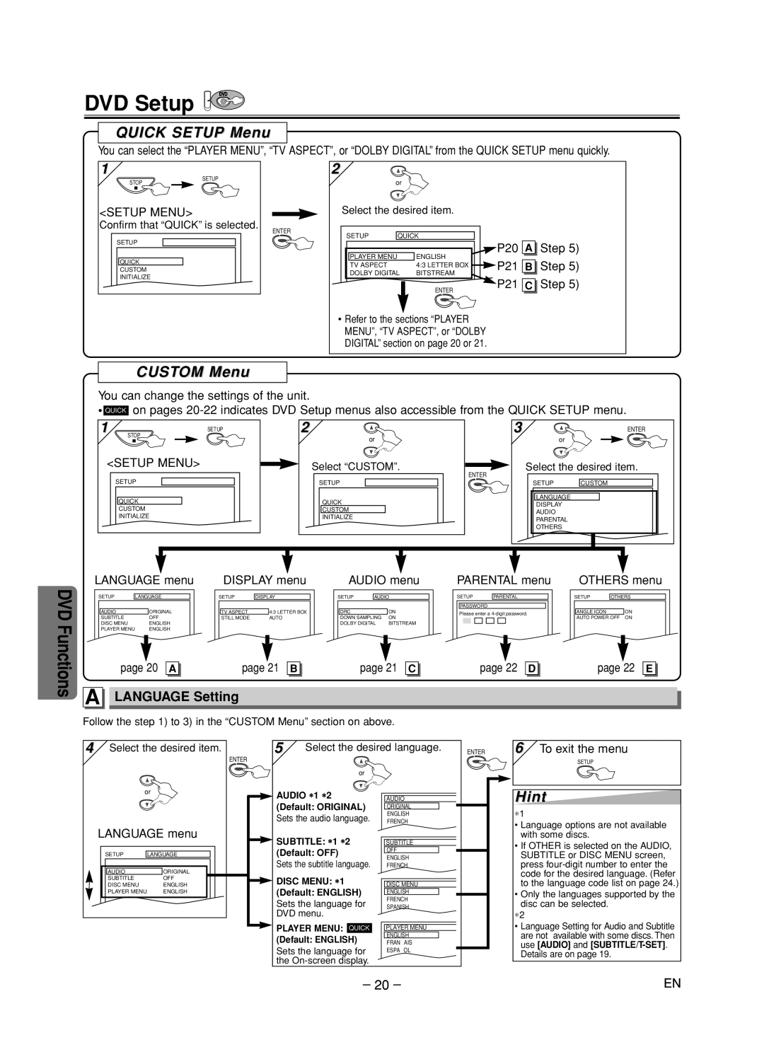 Emerson EDVC860F owner manual DVD Setup, Quick Setup Menu, Custom Menu, Language Setting 