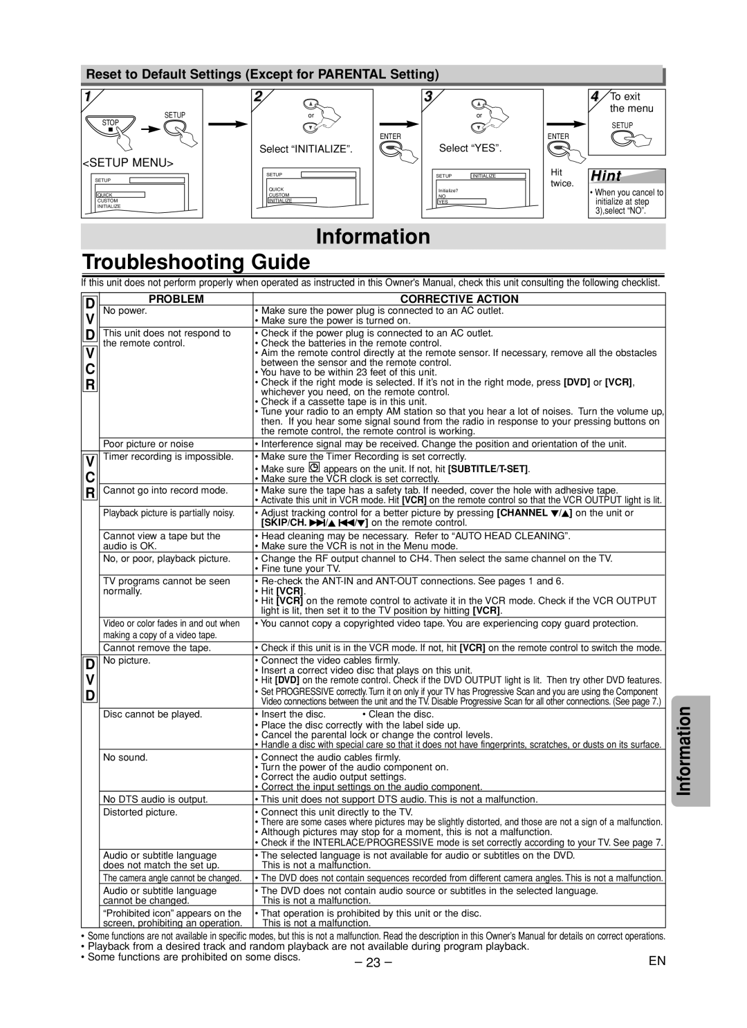 Emerson EDVC860F Information Troubleshooting Guide, Reset to Default Settings Except for Parental Setting, Select YES 