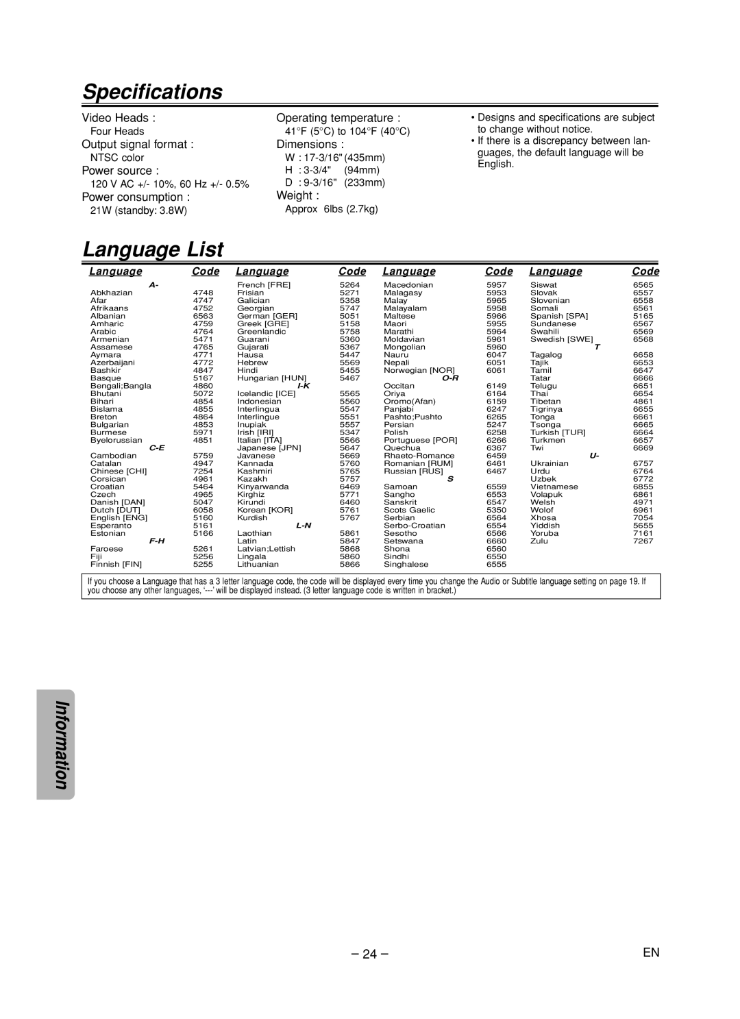 Emerson EDVC860F owner manual Specifications, Language List 