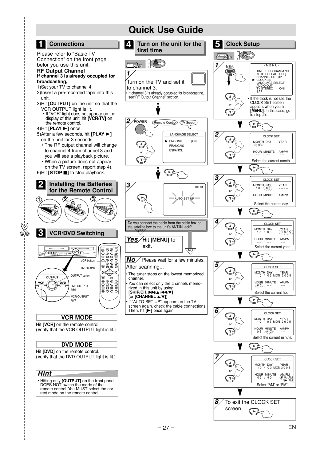 Emerson EDVC860F owner manual Quick Use Guide, Connections, Turn on the unit for the first time, RF Output Channel 