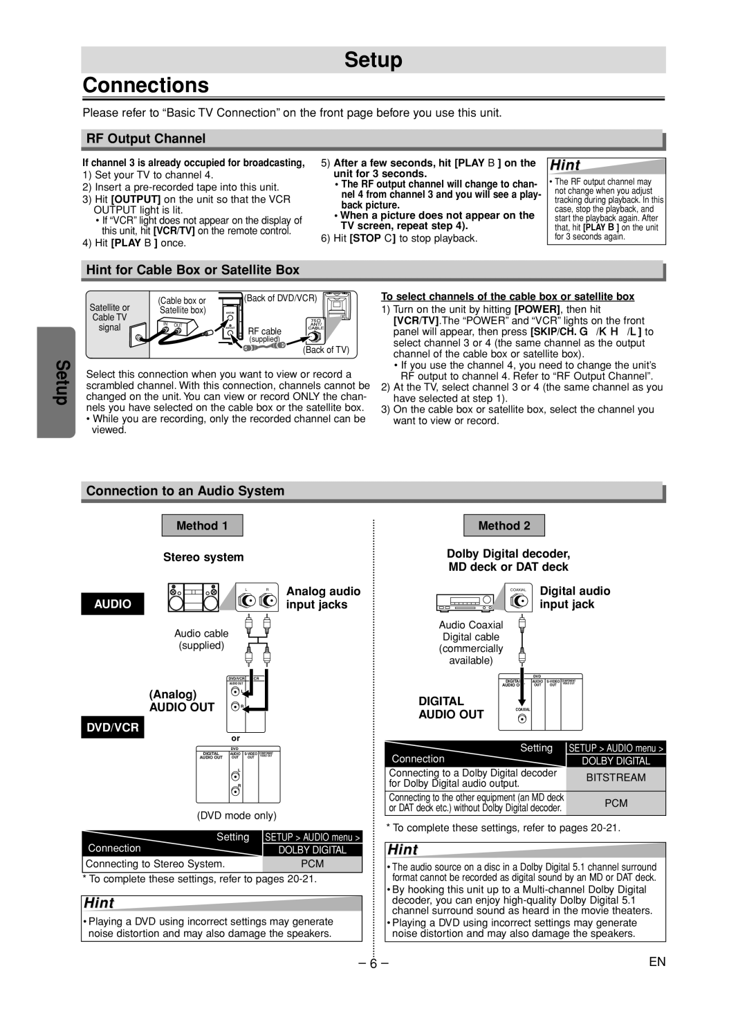 Emerson EDVC860F Setup Connections, RF Output Channel, Hint for Cable Box or Satellite Box, Connection to an Audio System 