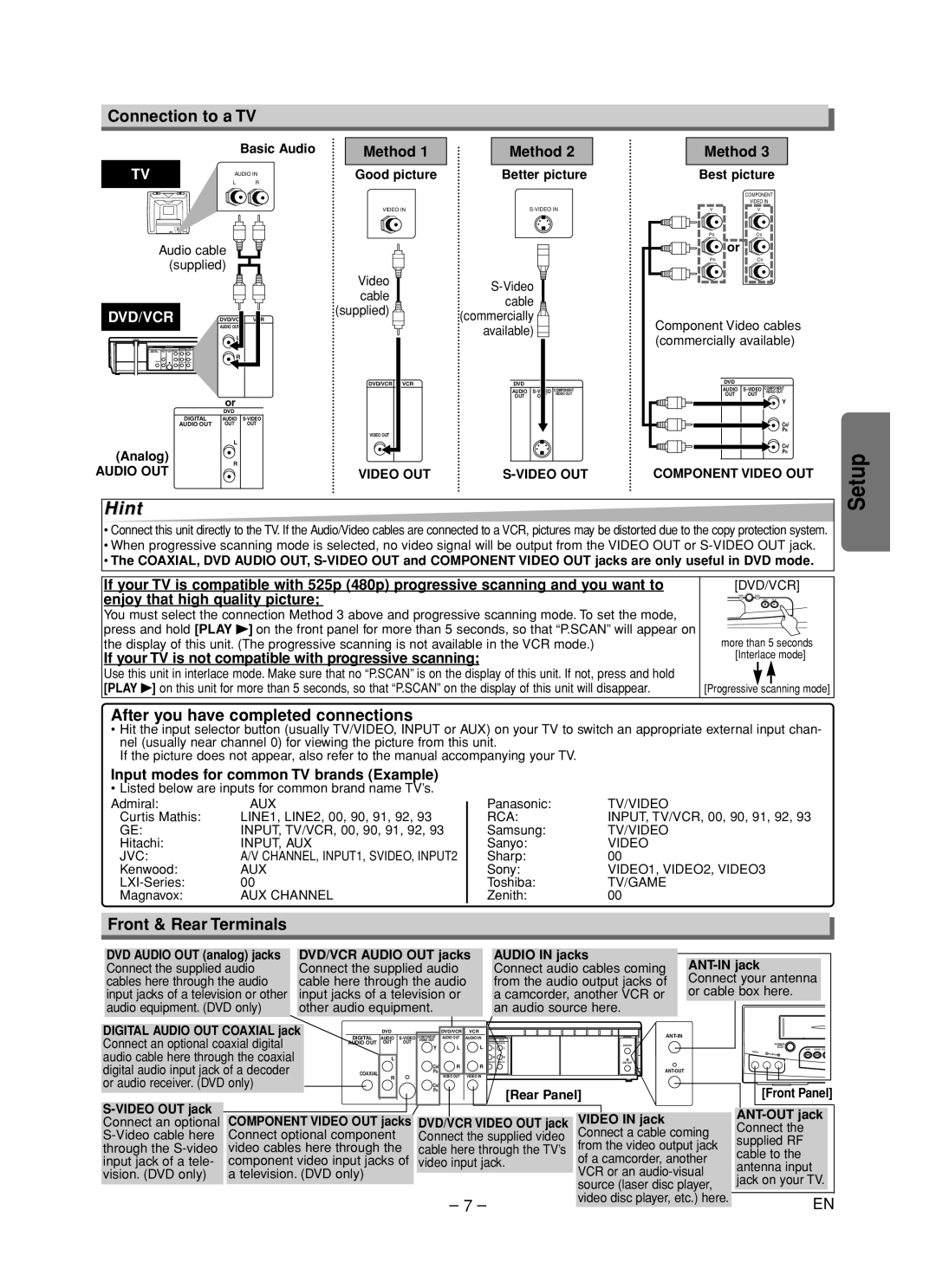 Emerson EDVC860F owner manual Connection to a TV, After you have completed connections, Front & Rear Terminals 