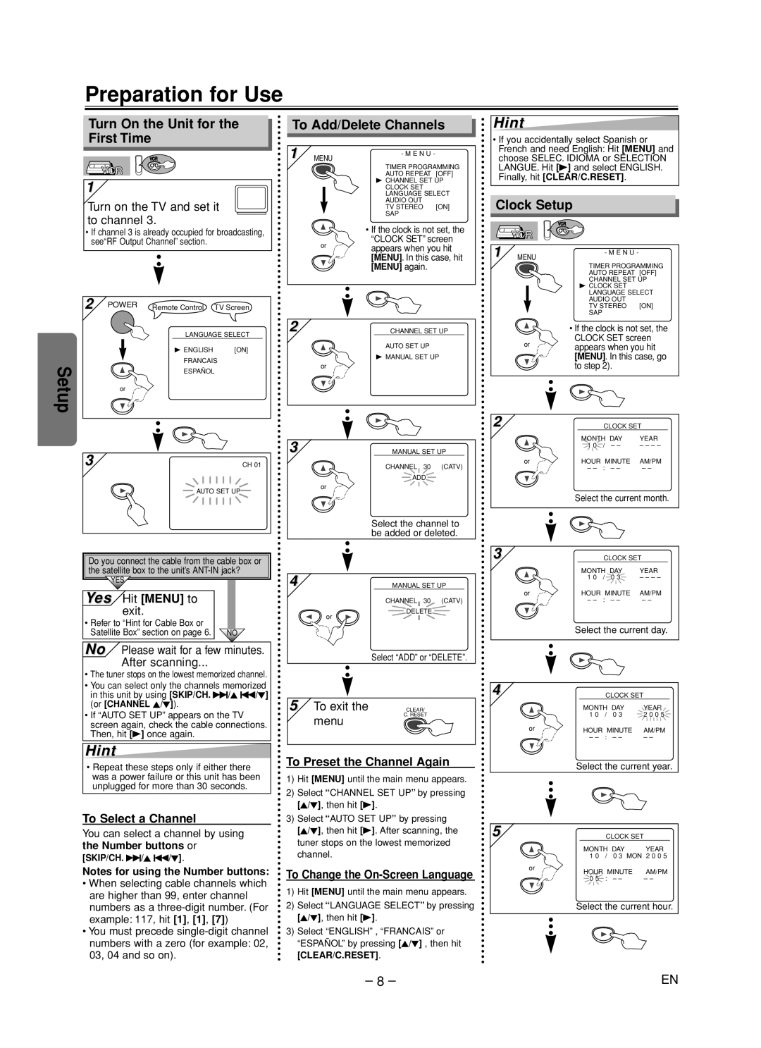 Emerson EDVC860F owner manual Preparation for Use, Turn On the Unit for the First Time To Add/Delete Channels, Clock Setup 