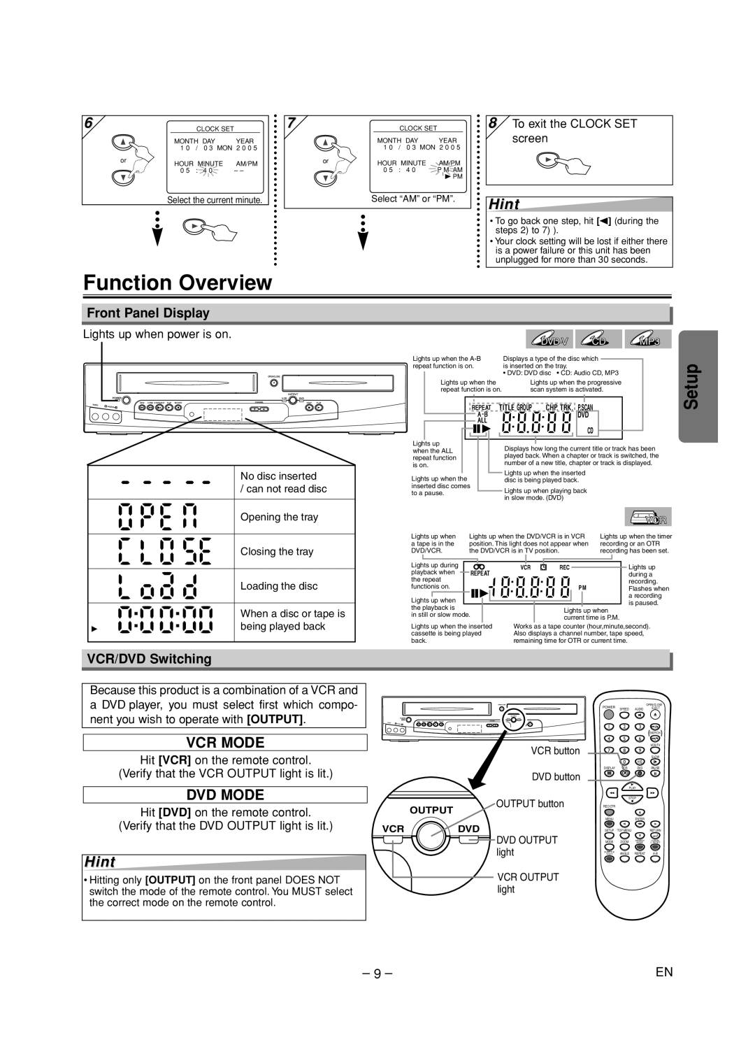 Emerson EDVC860F owner manual Function Overview, Front Panel Display, VCR/DVD Switching, To exit the Clock SET screen 