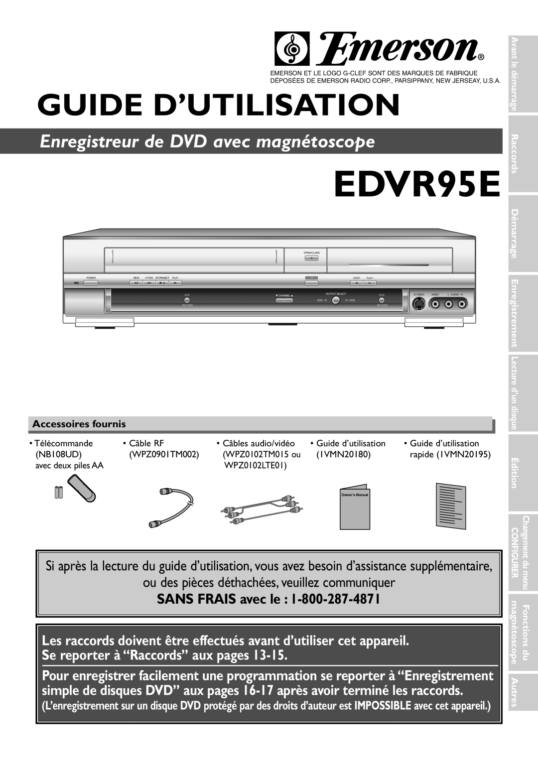 Emerson EDVR95E owner manual Accessoires fournis, Télécommande Câble RF, Avec deux piles AA, Édition, Fonctions du 