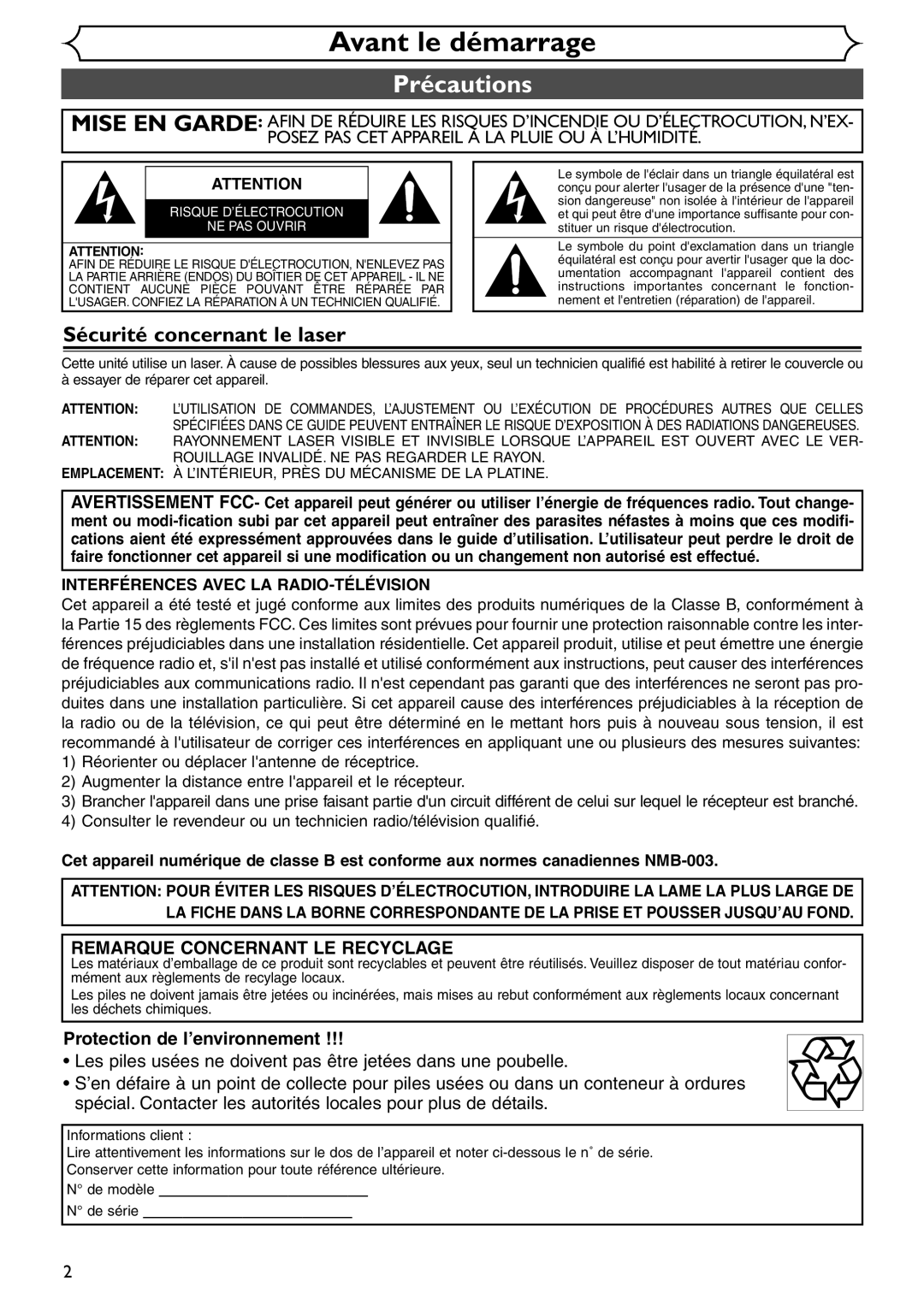 Emerson EDVR95E owner manual Avant le démarrage, Précautions, Sécurité concernant le laser 