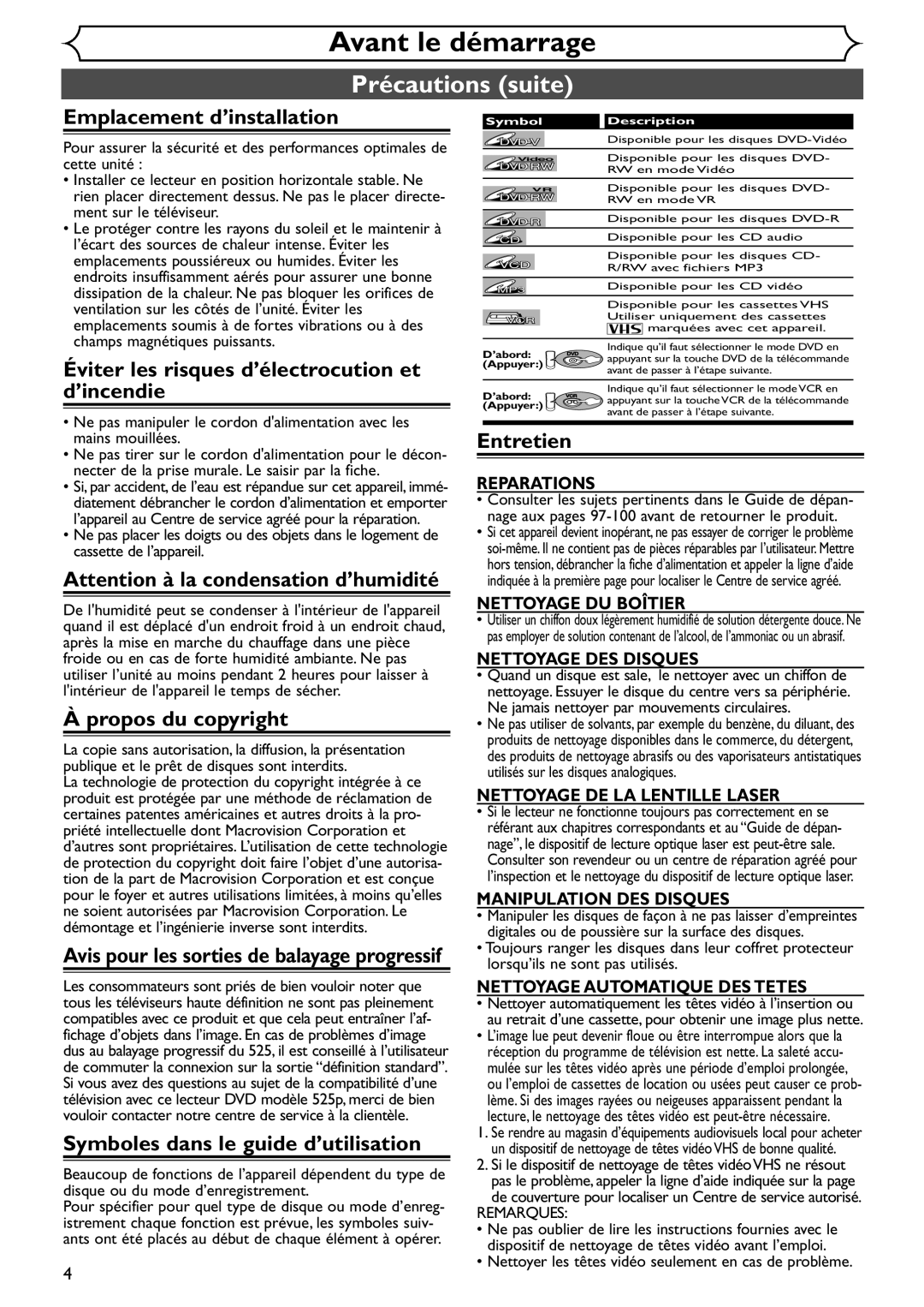 Emerson EDVR95E Emplacement d’installation, Éviter les risques d’électrocution et d’incendie, Propos du copyright 