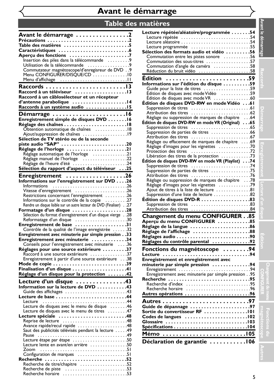 Emerson EDVR95E owner manual Table des matières 