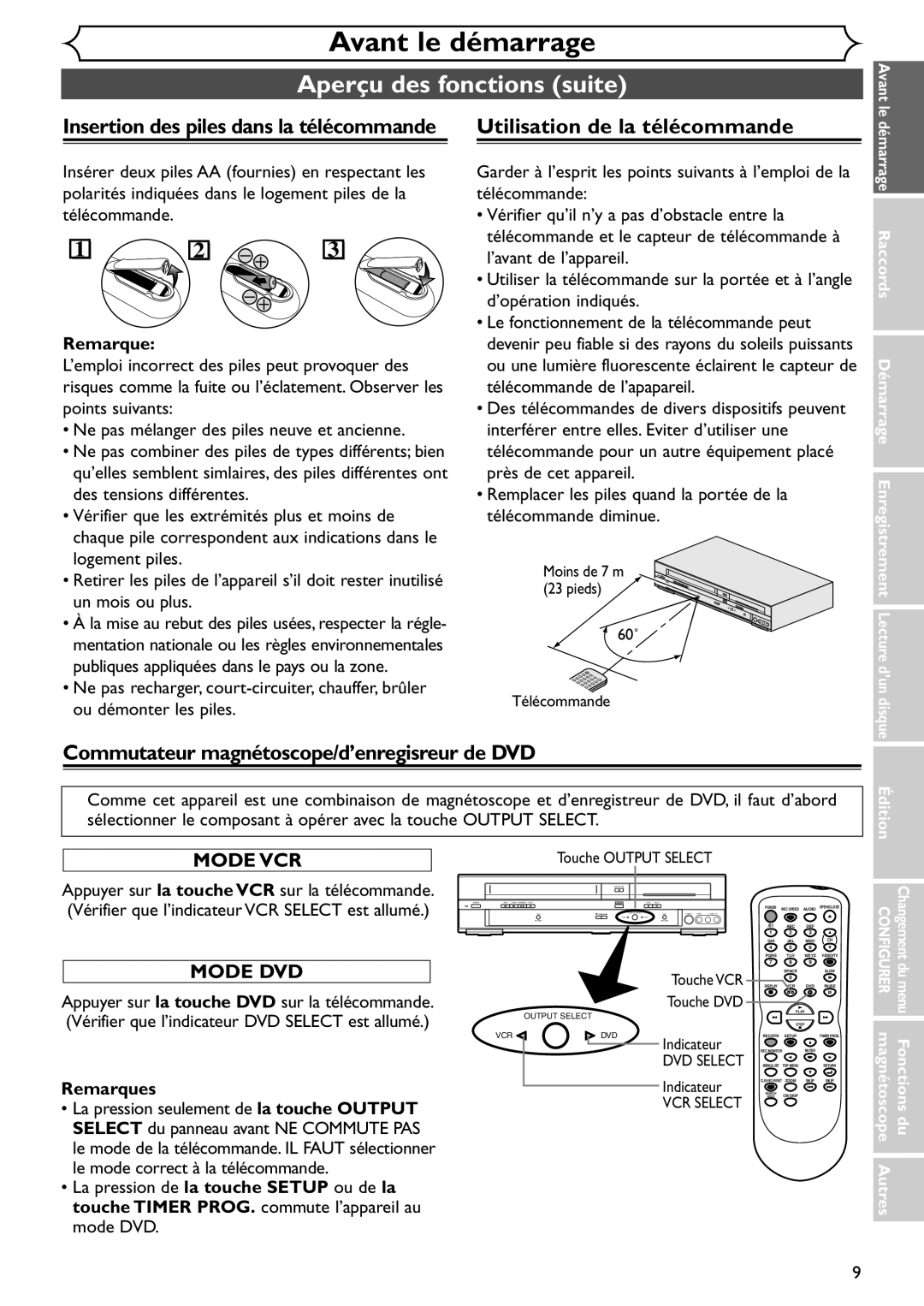 Emerson EDVR95E owner manual Utilisation de la télécommande, Commutateur magnétoscope/d’enregisreur de DVD, Remarques 