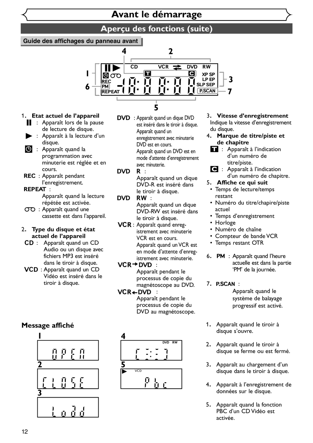 Emerson EDVR95E owner manual Message affiché, Type du disque et état actuel de l’appareil, Affiche ce qui suit 