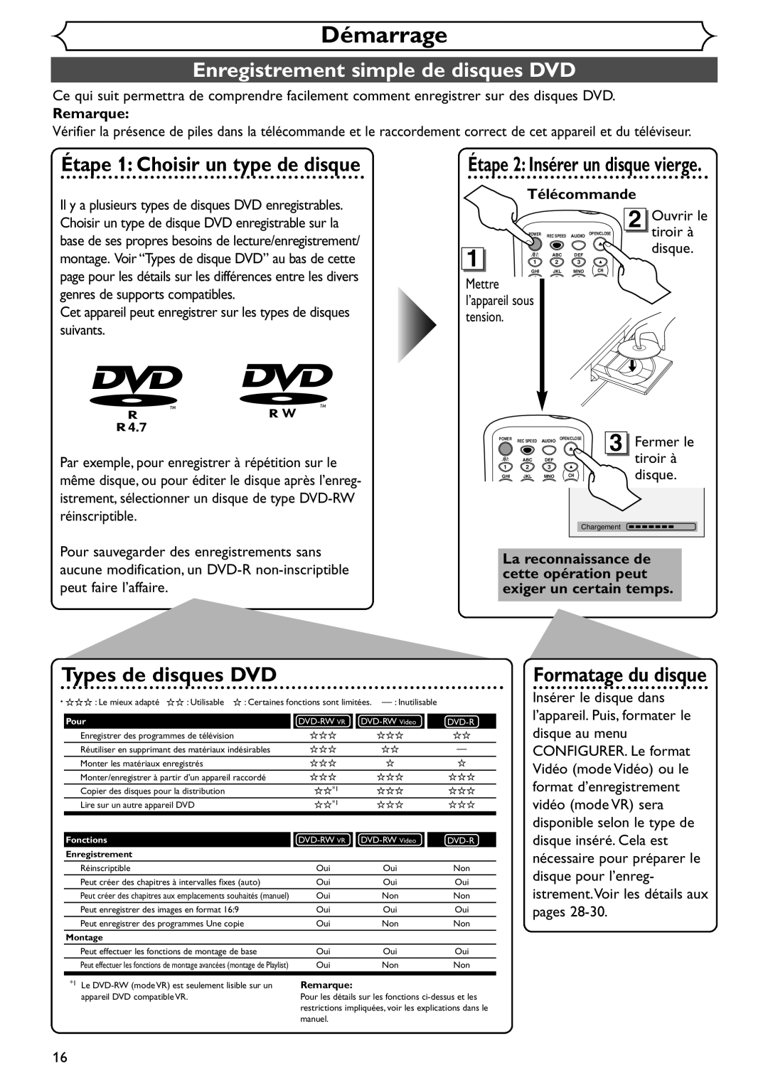 Emerson EDVR95E owner manual Démarrage, Enregistrement simple de disques DVD 