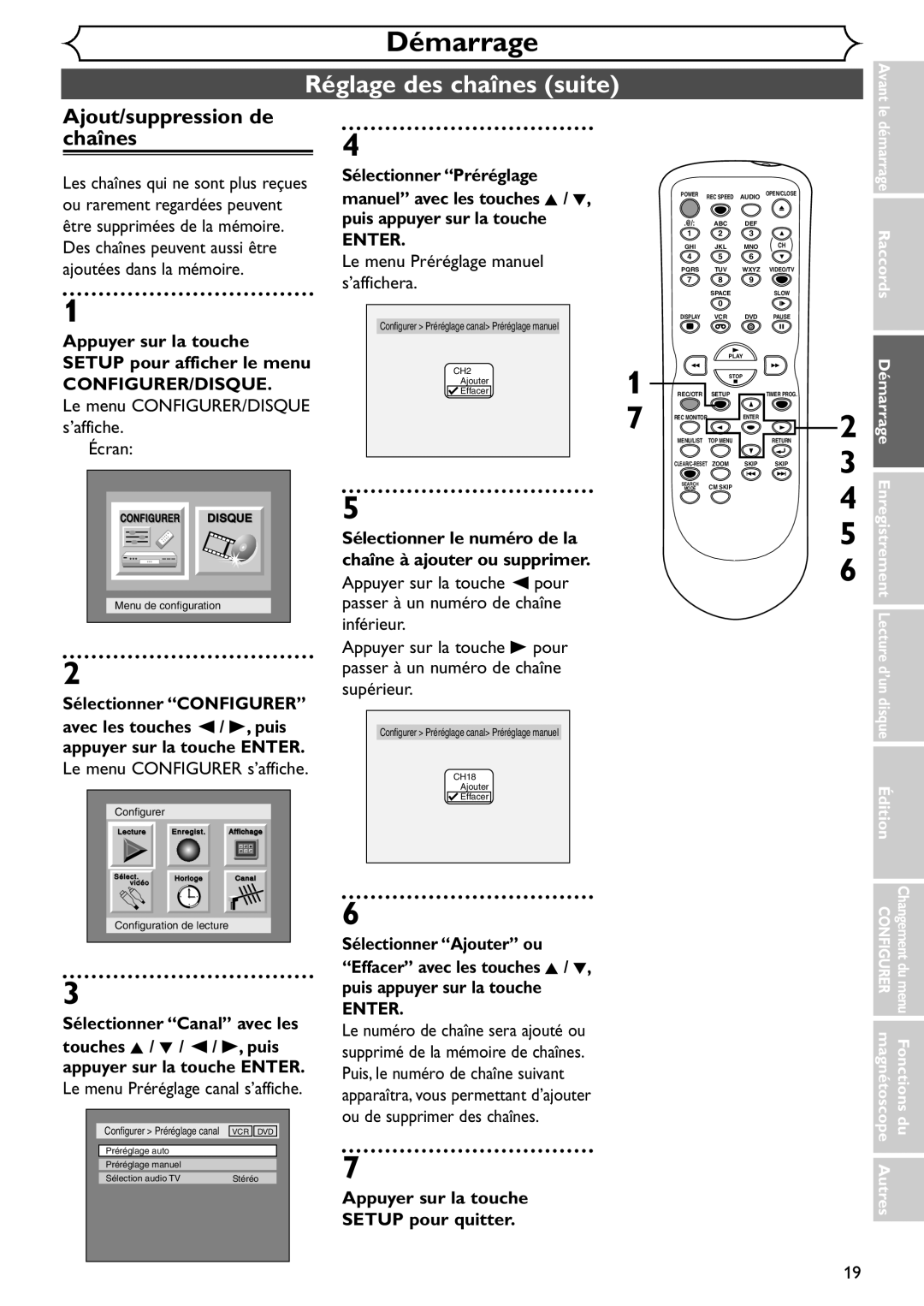 Emerson EDVR95E owner manual Réglage des chaînes suite, Ajout/suppression de chaînes, Le menu Préréglage manuel s’affichera 