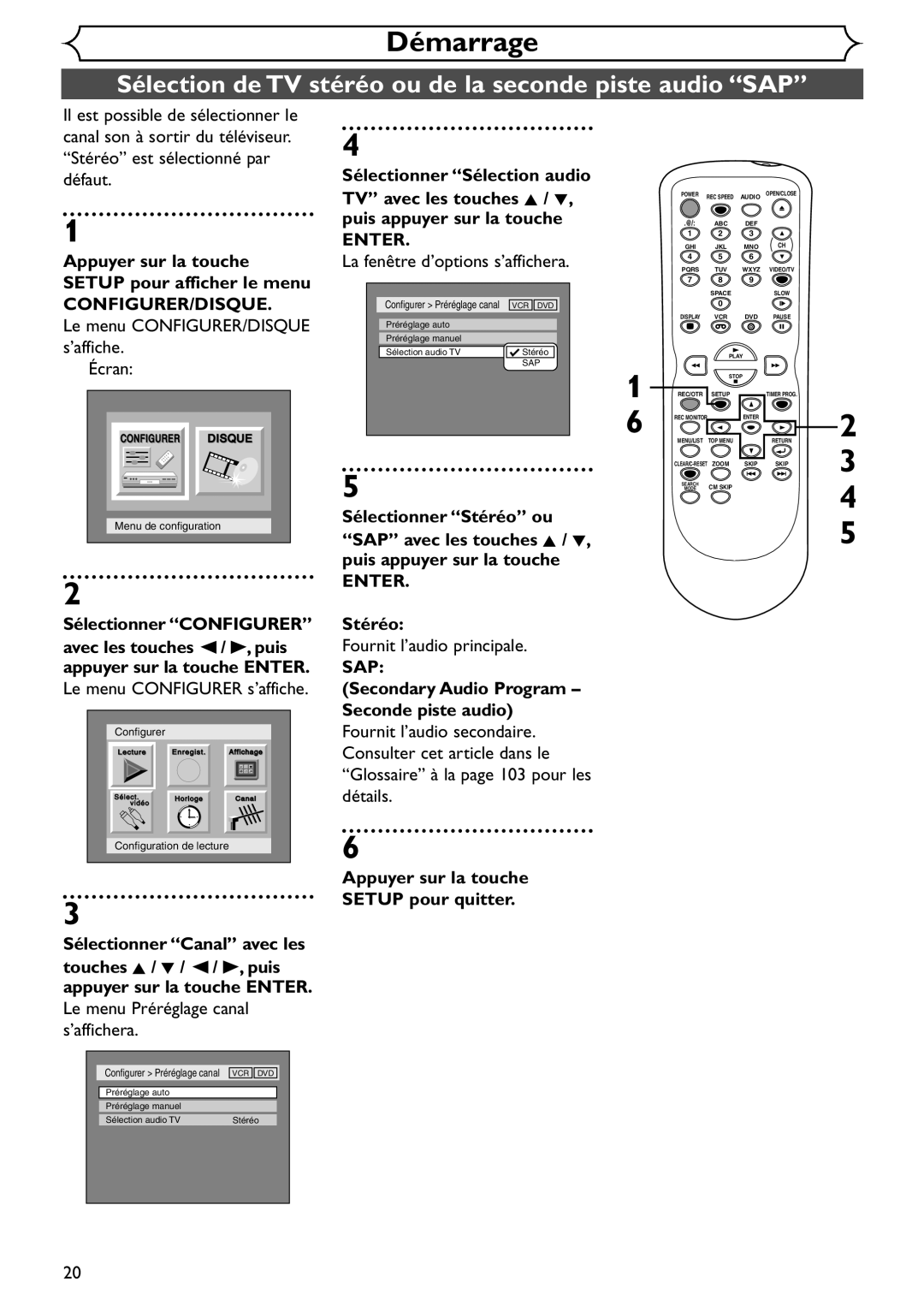 Emerson EDVR95E owner manual Sélection de TV stéréo ou de la seconde piste audio SAP 