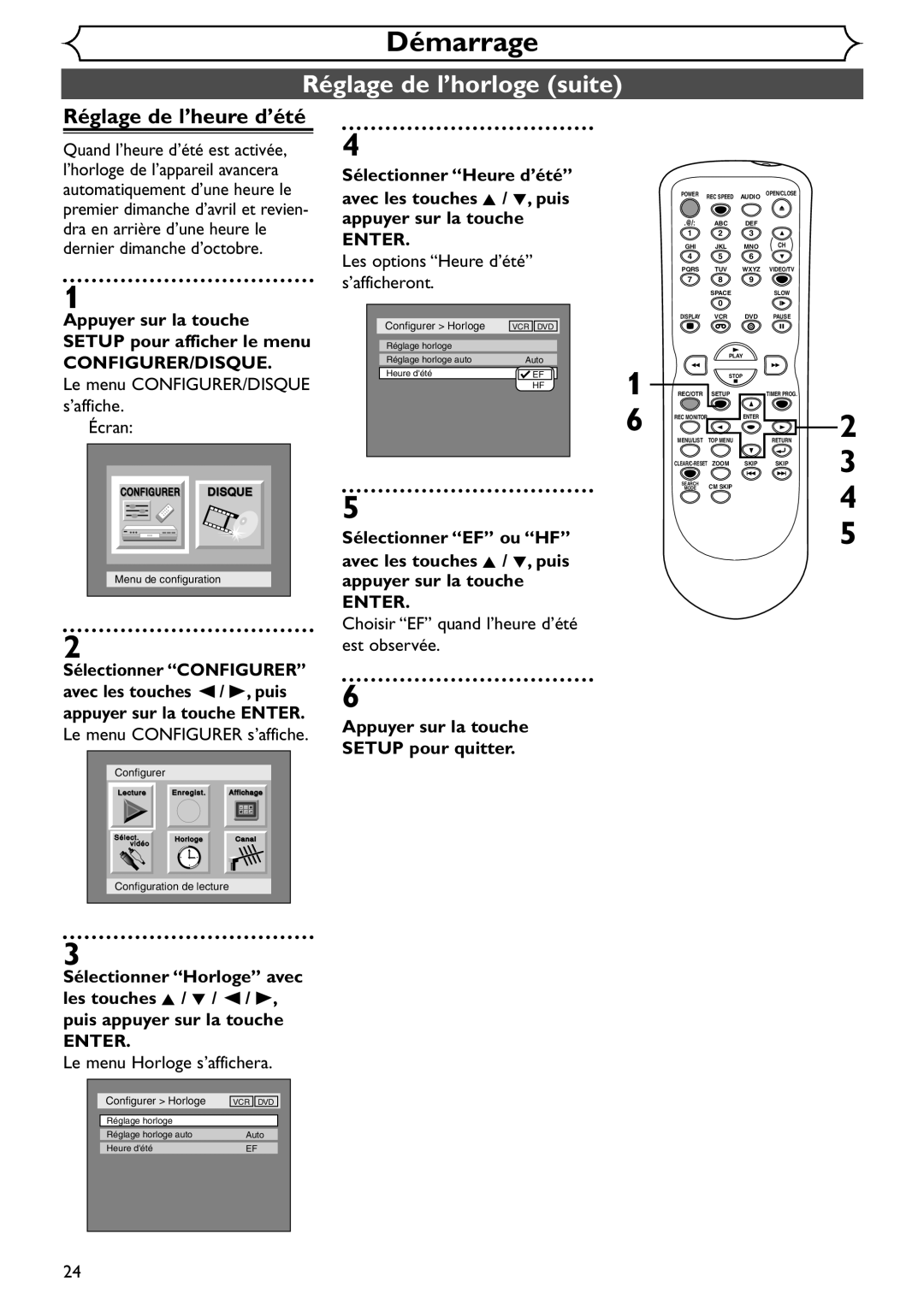 Emerson EDVR95E owner manual Réglage de l’heure d’été, Les options Heure d’été, Le menu Horloge s’affichera ’afficheront 