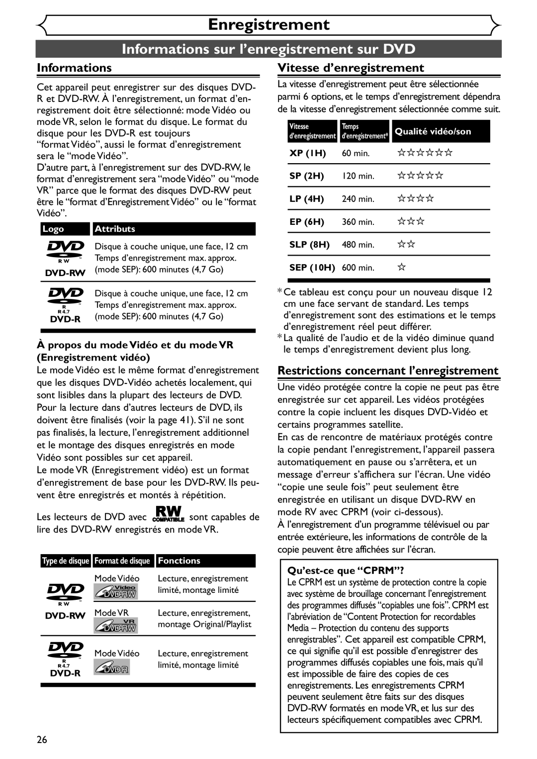 Emerson EDVR95E owner manual Enregistrement, Informations sur l’enregistrement sur DVD, Vitesse d’enregistrement 