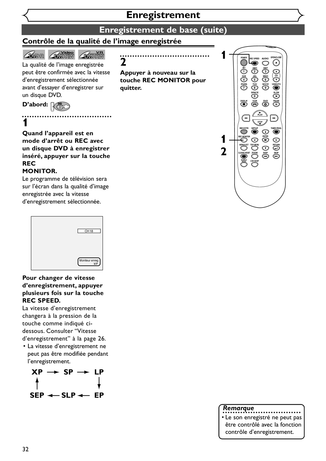 Emerson EDVR95E owner manual Enregistrement de base suite, Contrôle de la qualité de l’image enregistrée 