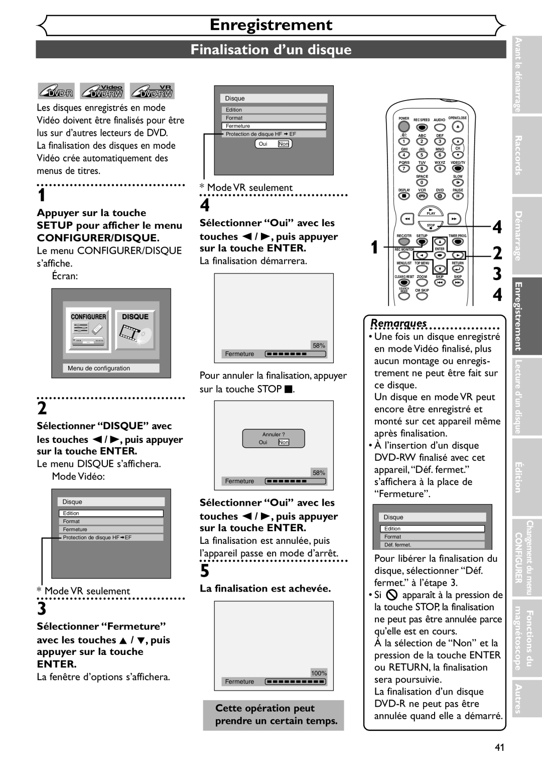 Emerson EDVR95E owner manual Finalisation d’un disque, Une fois un disque enregistré, Trement ne peut être fait sur 