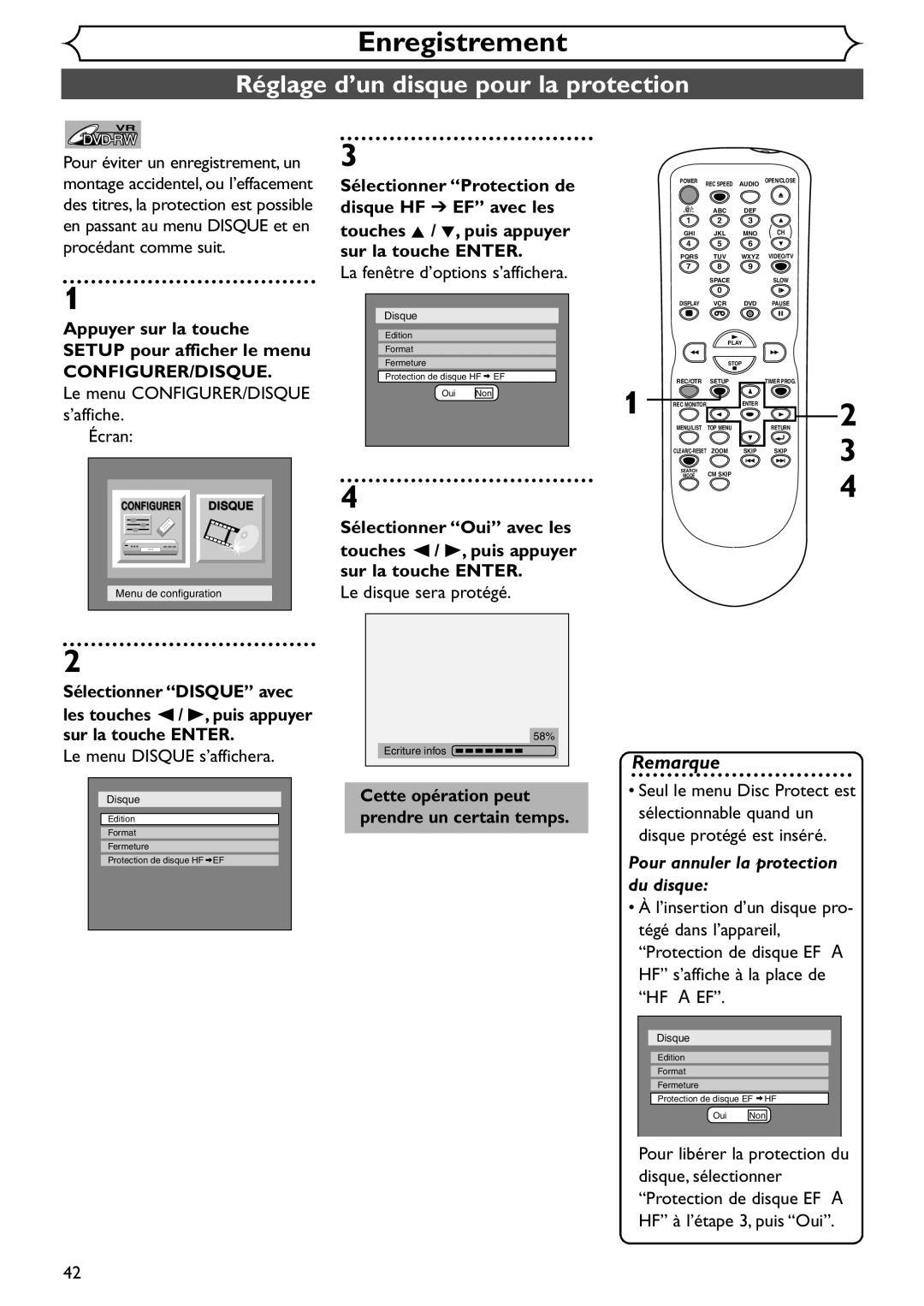 Emerson EDVR95E owner manual Réglage d’un disque pour la protection, Touches / B, puis appuyer, Le disque sera protégé 