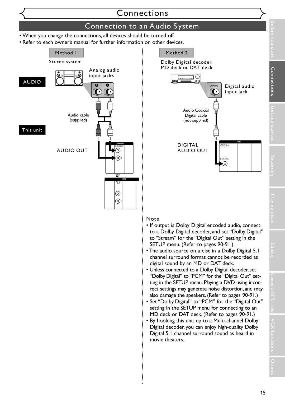 Emerson EDVR95E owner manual Connection to an Audio System, Start Connections, Getting started Recording 