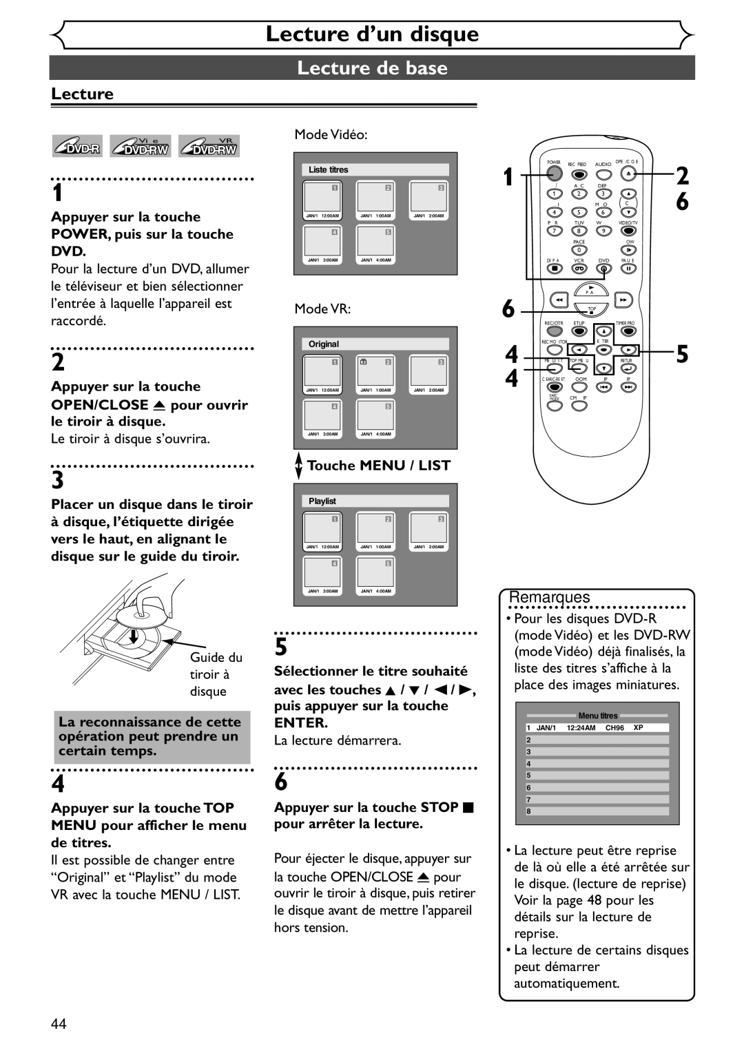 Emerson EDVR95E Lecture de base, Appuyer sur la touche POWER, puis sur la touche DVD, Placer un disque dans le tiroir 