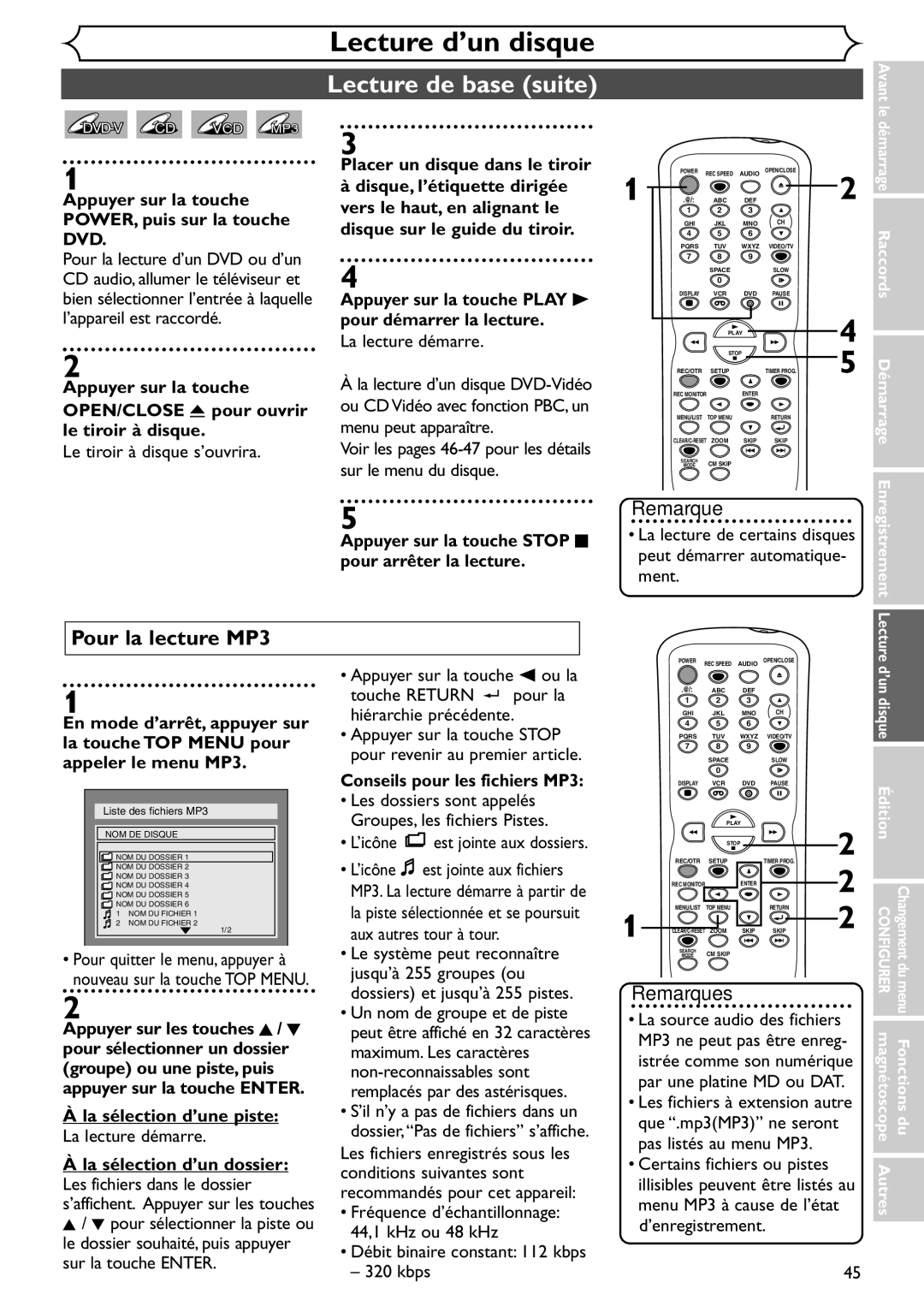 Emerson EDVR95E owner manual Lecture de base suite, Pour la lecture MP3 