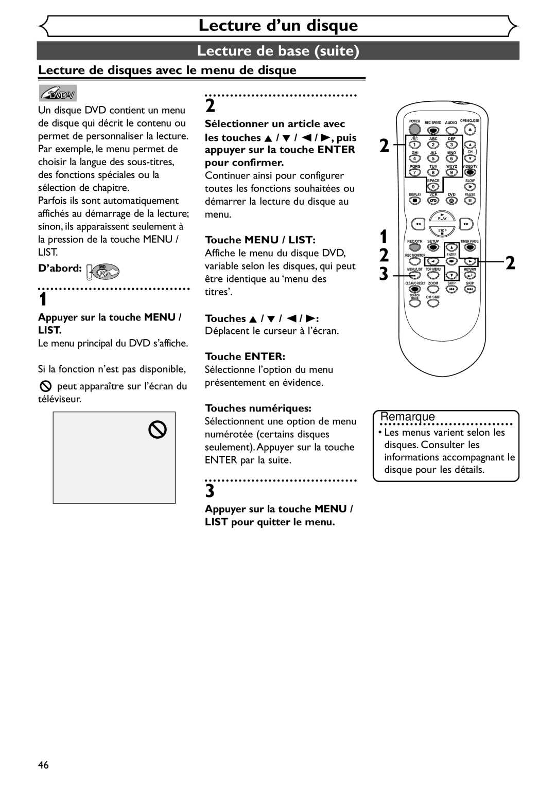 Emerson EDVR95E owner manual Lecture de disques avec le menu de disque, ’abord DVD Appuyer sur la touche Menu / List 