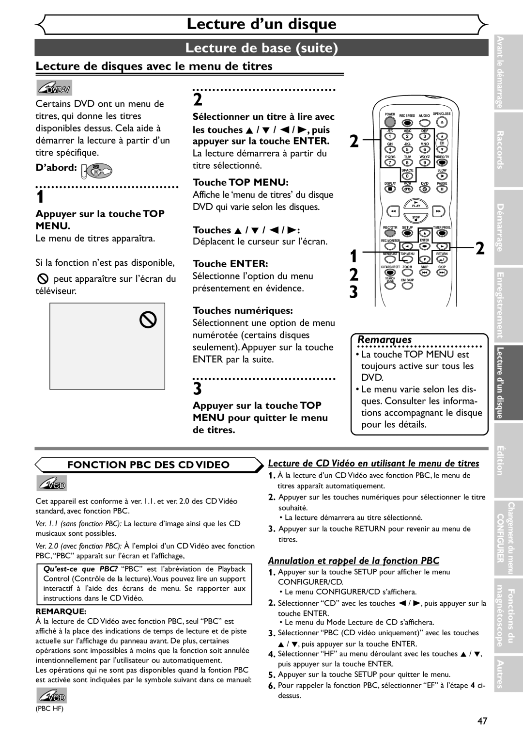 Emerson EDVR95E Lecture de disques avec le menu de titres, ’abord DVD Appuyer sur la touche TOP, Touche TOP Menu 