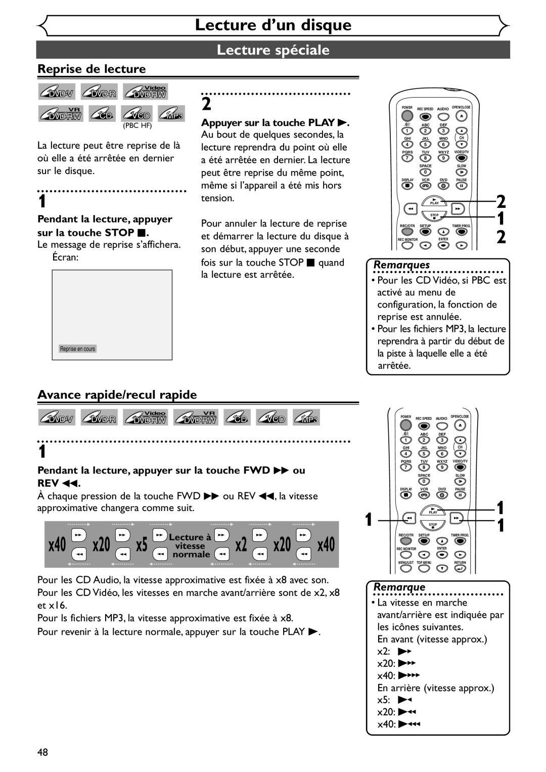 Emerson EDVR95E owner manual Lecture spéciale, Reprise de lecture, Avance rapide/recul rapide 