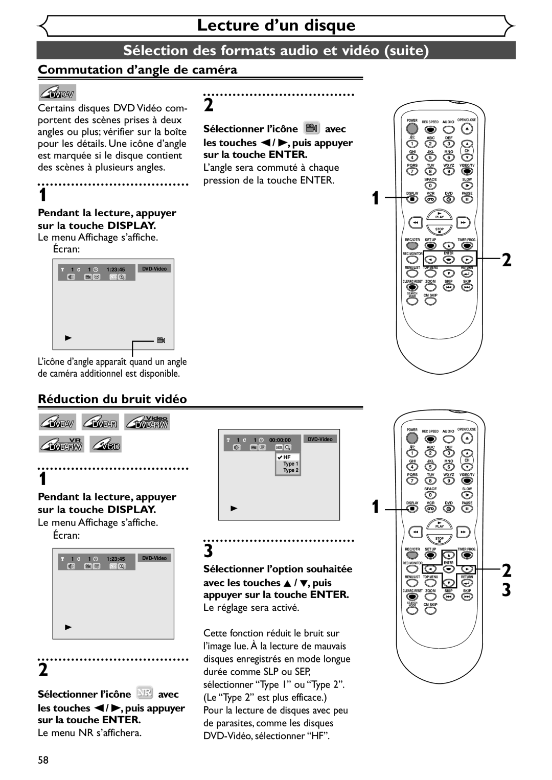 Emerson EDVR95E Sélection des formats audio et vidéo suite, Commutation d’angle de caméra, Réduction du bruit vidéo 