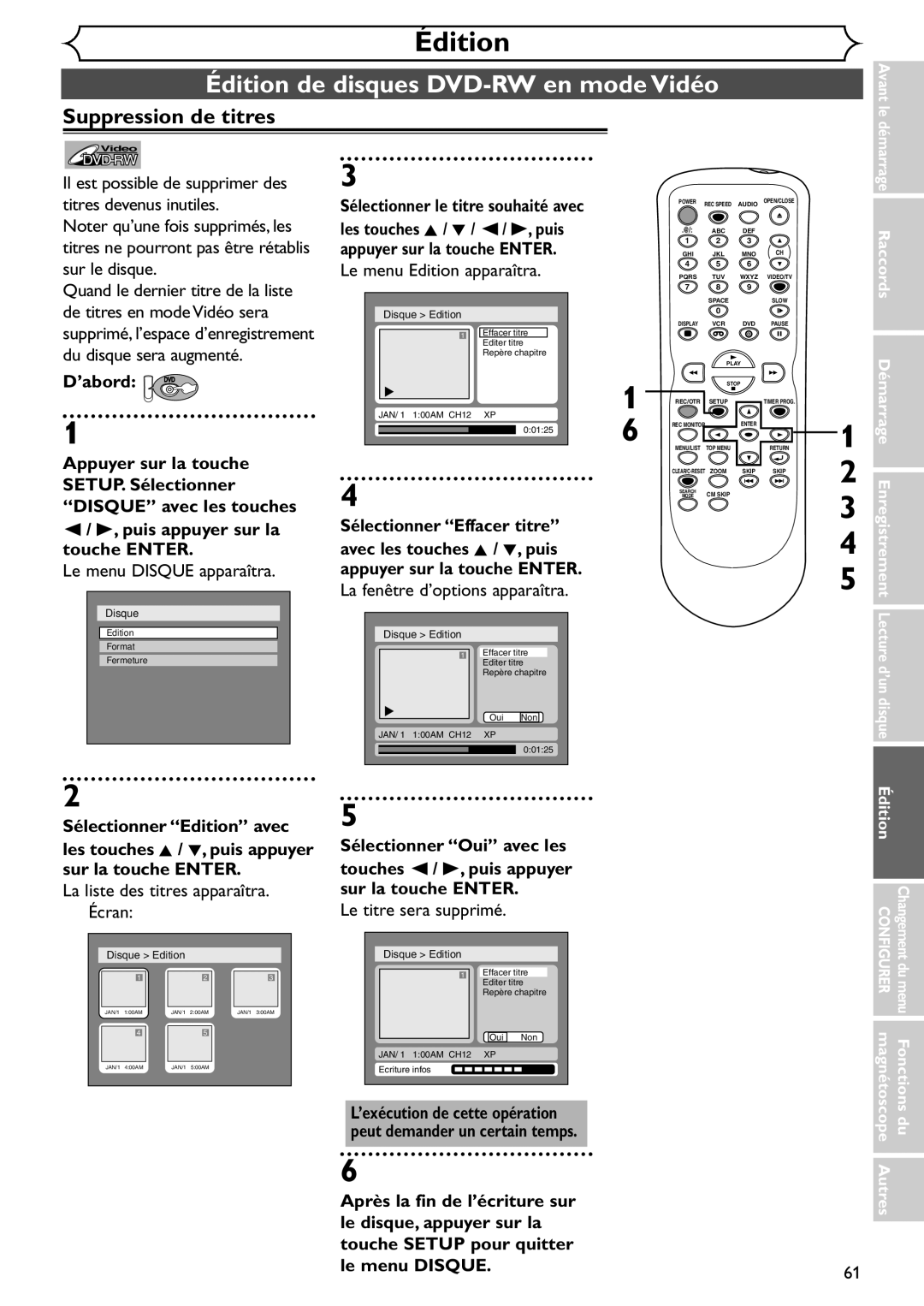 Emerson EDVR95E owner manual Édition de disques DVD-RW en mode Vidéo, Suppression de titres 