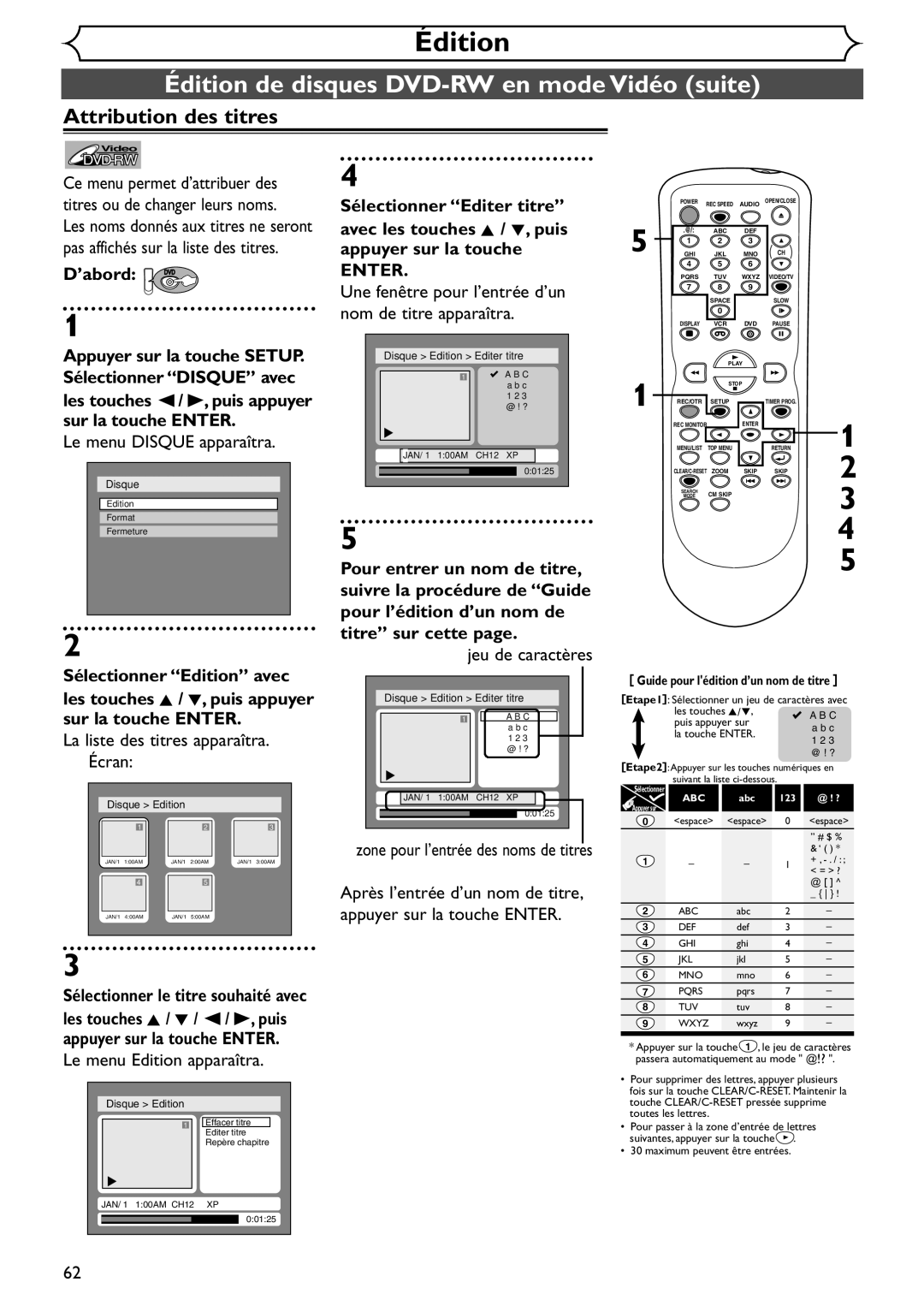 Emerson EDVR95E owner manual Édition de disques DVD-RW en mode Vidéo suite, Attribution des titres, Jeu de caractères 