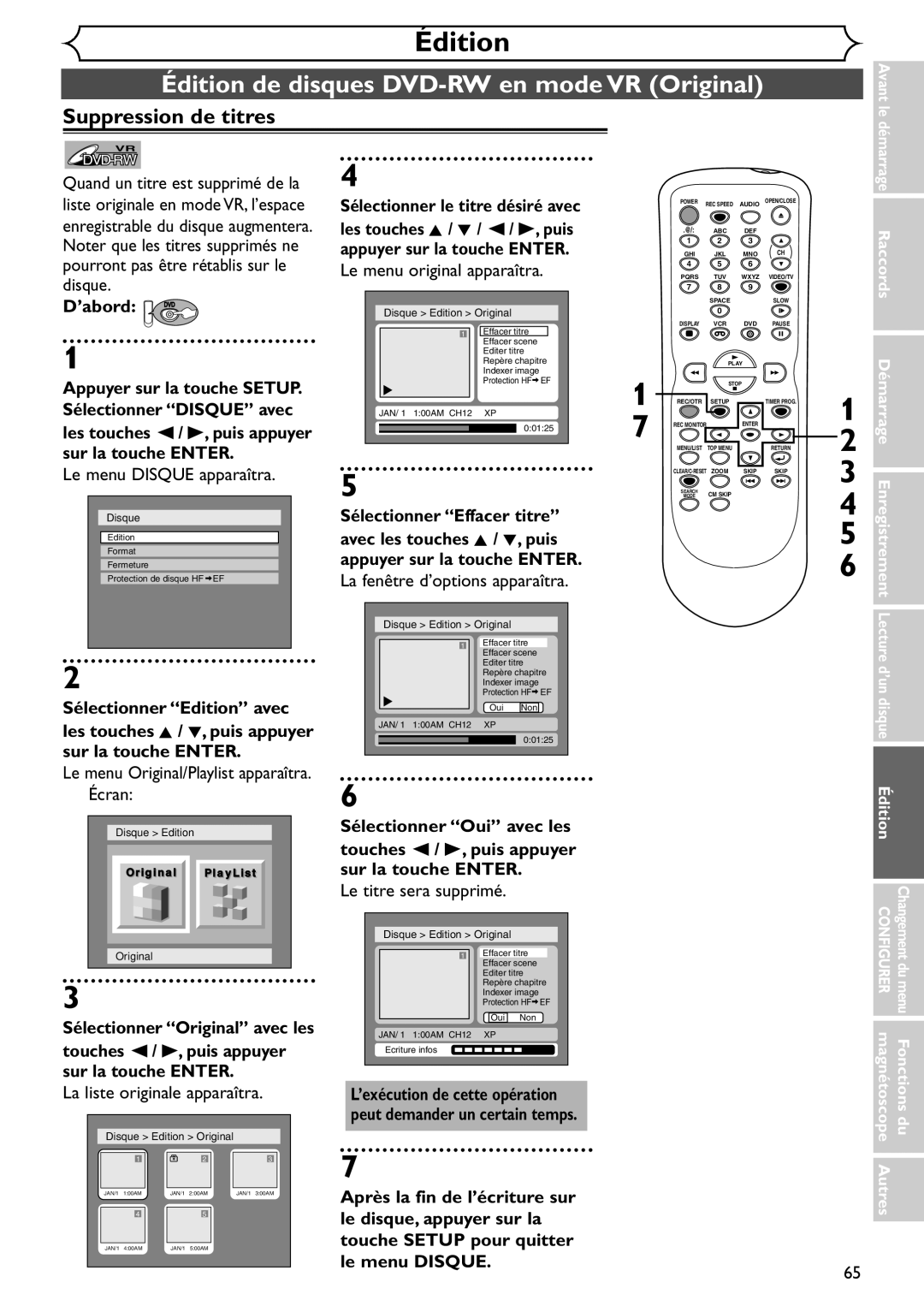 Emerson EDVR95E owner manual Édition de disques DVD-RW en mode VR Original, Le menu Original/Playlist apparaîtra. Écran 