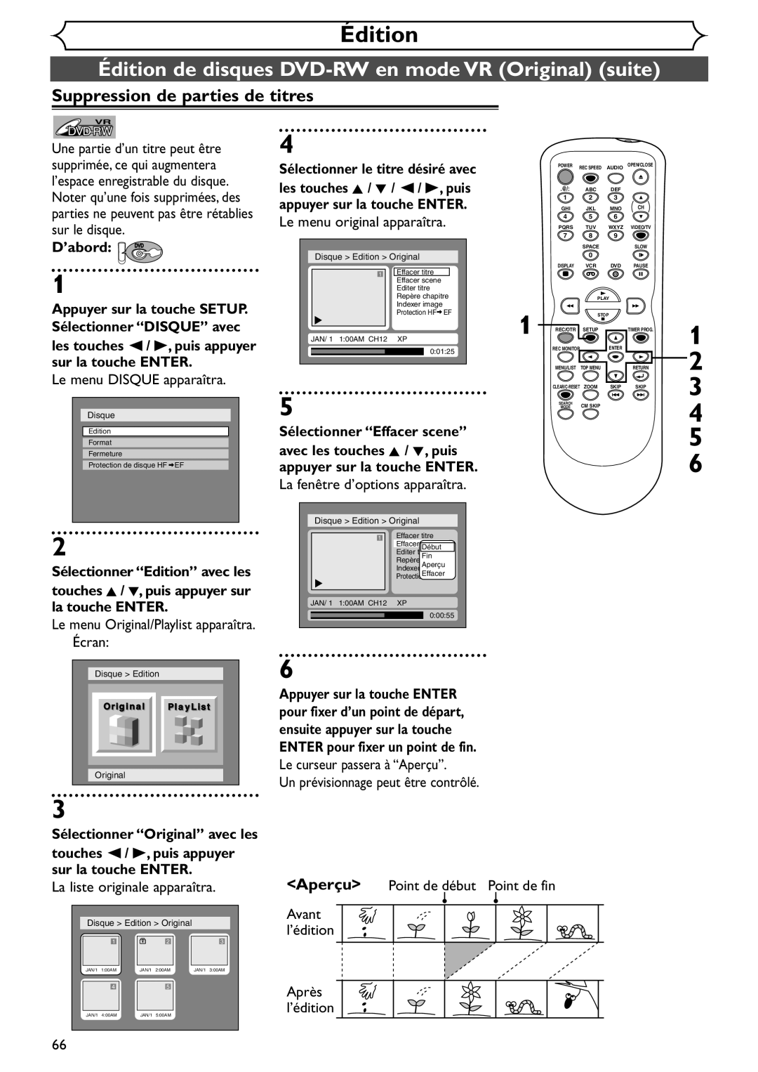 Emerson EDVR95E owner manual Édition de disques DVD-RW en mode VR Original suite, Suppression de parties de titres 