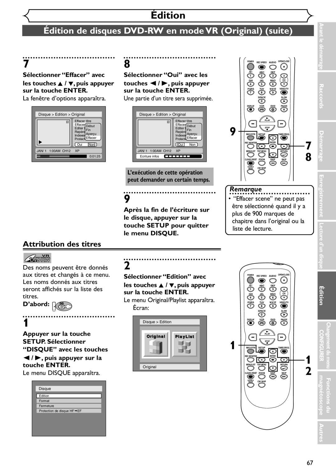 Emerson EDVR95E owner manual Une partie d’un titre sera supprimée, Effacer scene ne peut pas, Être sélectionné quand il y a 