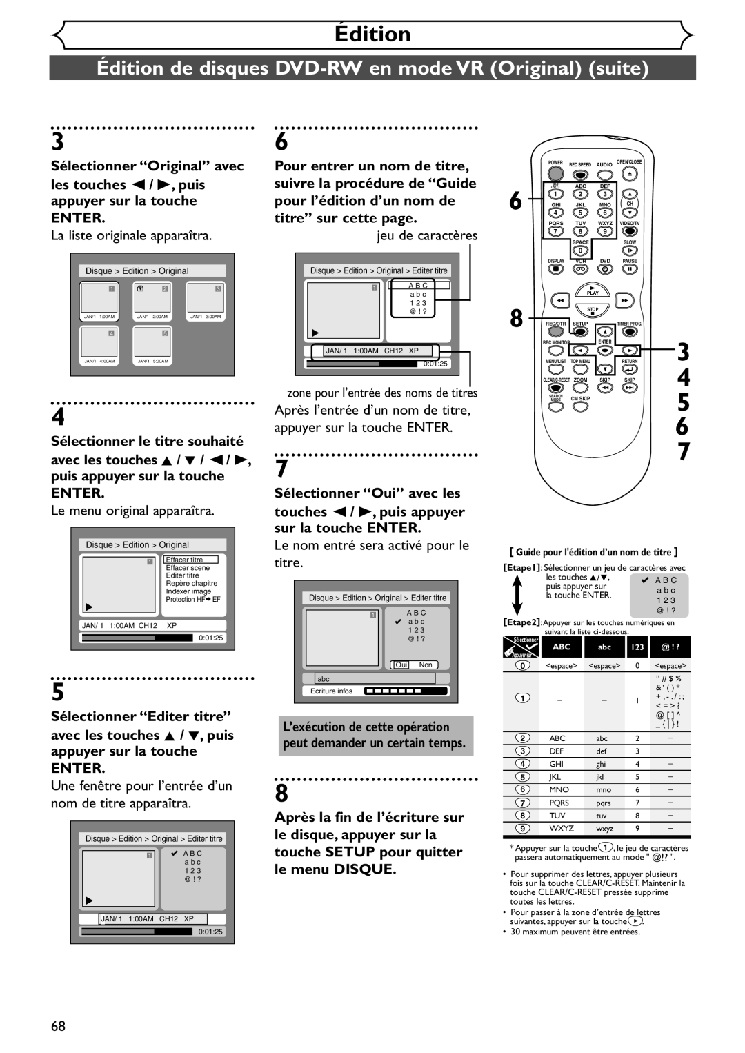 Emerson EDVR95E owner manual Le nom entré sera activé pour le Titre, Disque Edition Original Editer titre 