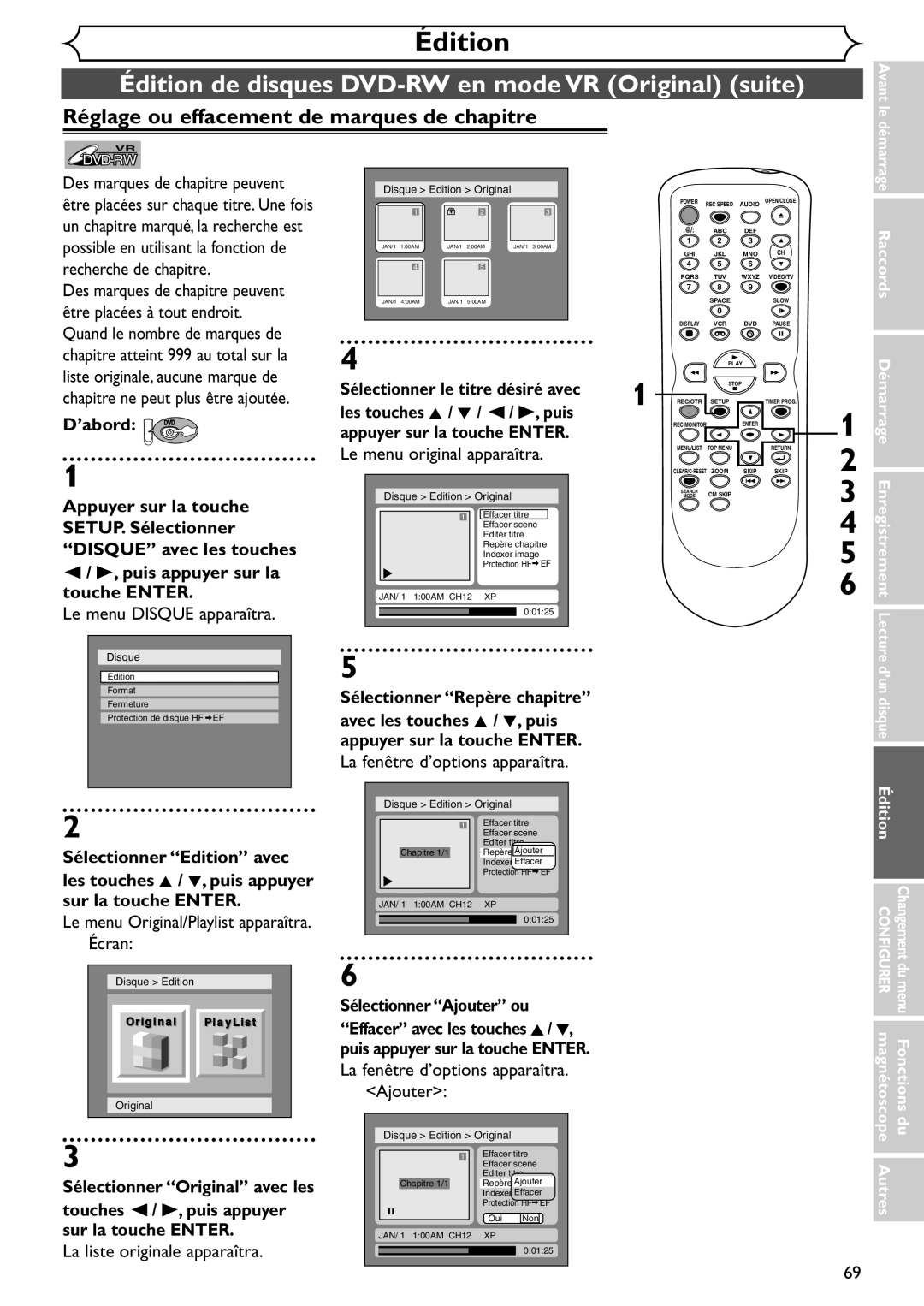 Emerson EDVR95E Réglage ou effacement de marques de chapitre, Le menu Disque apparaîtra Le menu original apparaîtra 